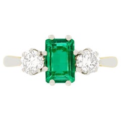 Art Deco 0.85 Carat Emerald and Diamond Three Stone Ring, circa 1920s