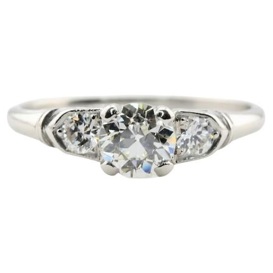 Art Deco 0.85ctw Three Stone Old European Cut Diamond Platinum Engagement Ring For Sale