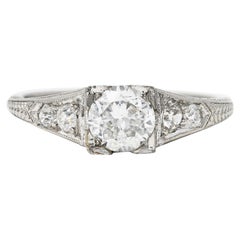 Art Deco 0.87 Carat Diamond Platinum Lotus Engagement Ring