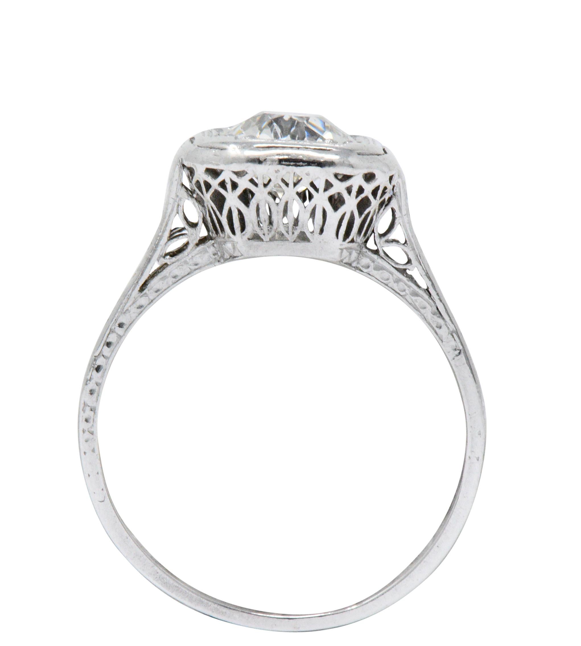 Art Deco 0.87 Carat Diamond Platinum Cushion Engagement Ring In Excellent Condition In Philadelphia, PA