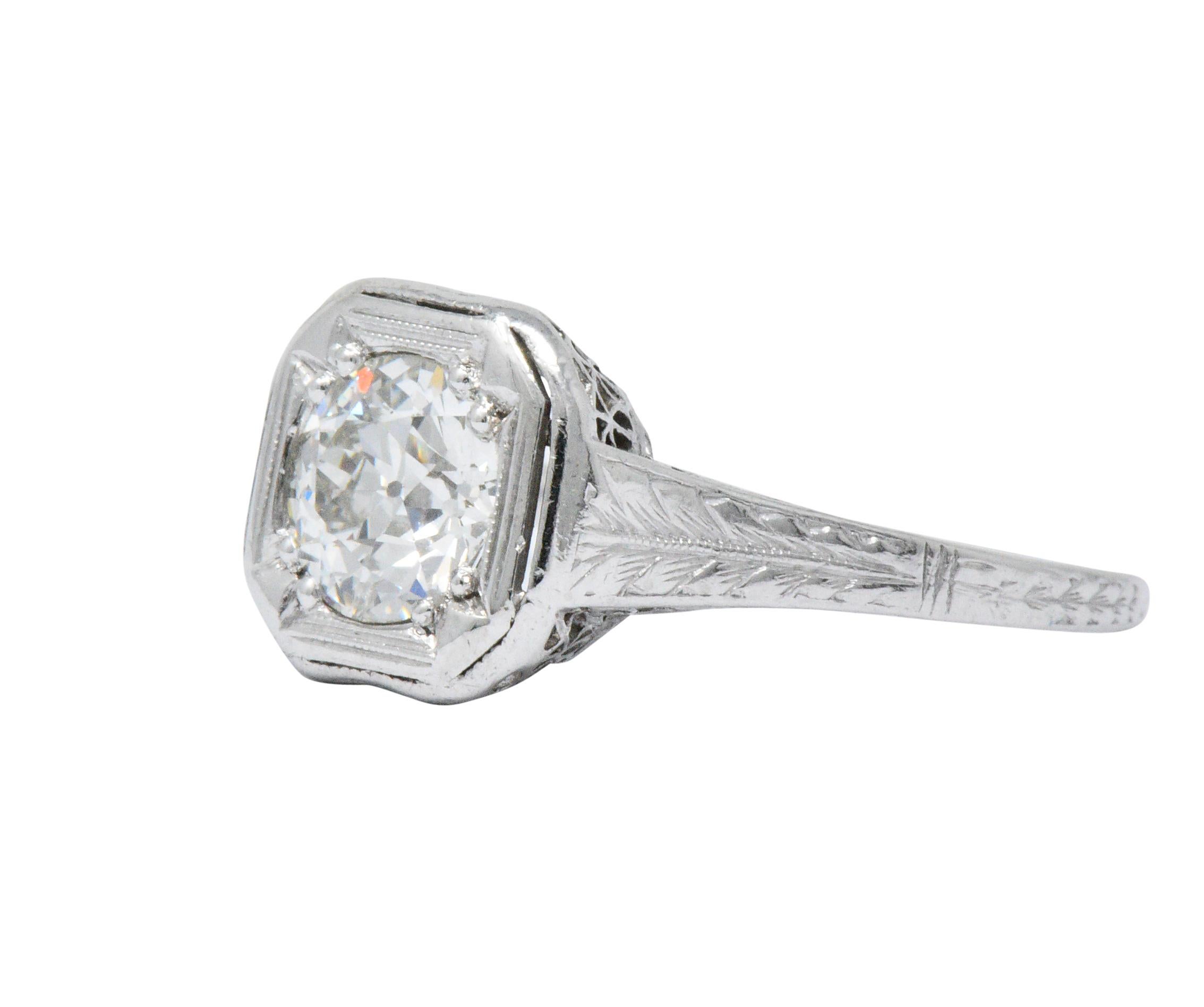 Women's or Men's Art Deco 0.87 Carat Diamond Platinum Cushion Engagement Ring