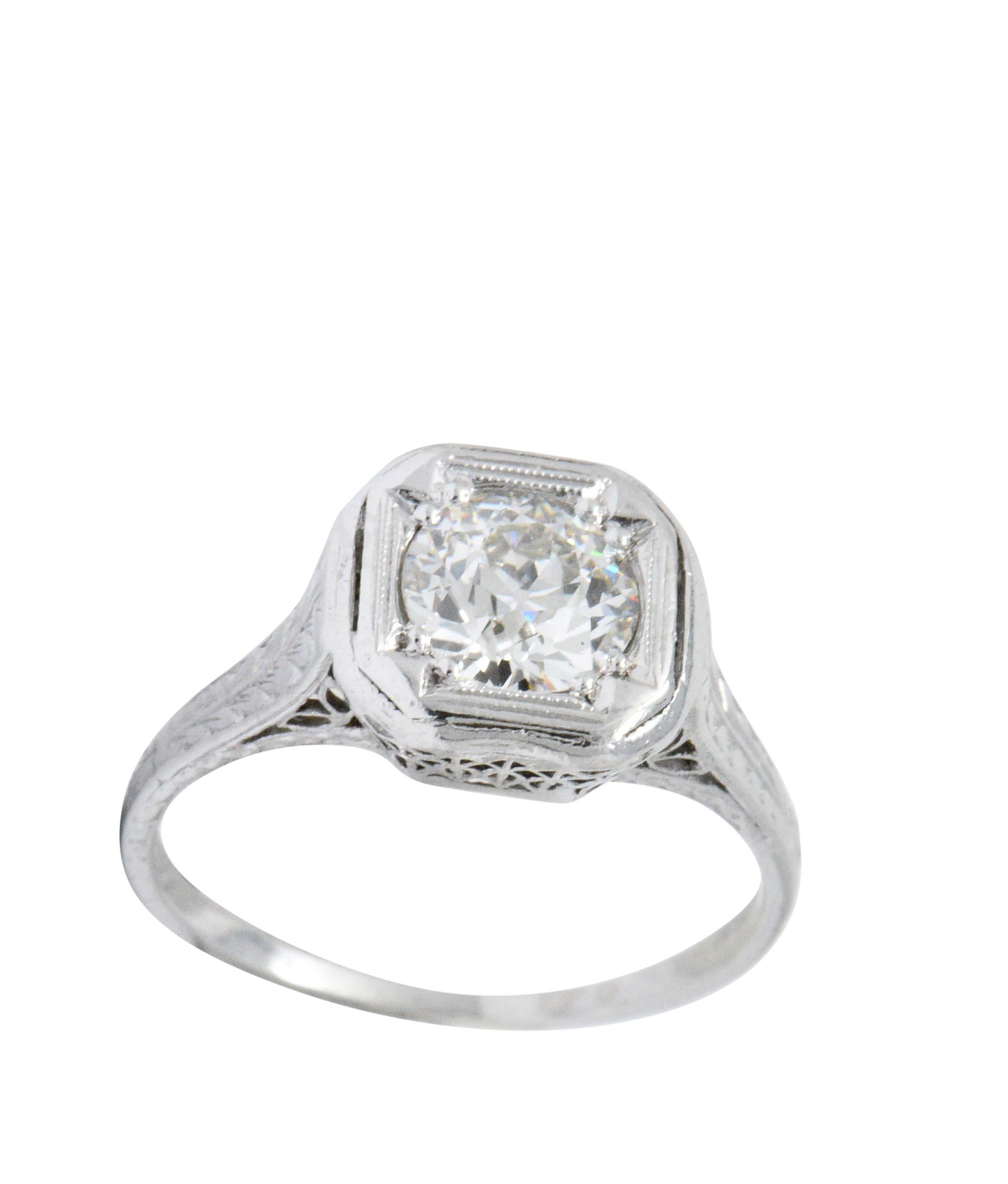 Art Deco 0.87 Carat Diamond Platinum Cushion Engagement Ring 1