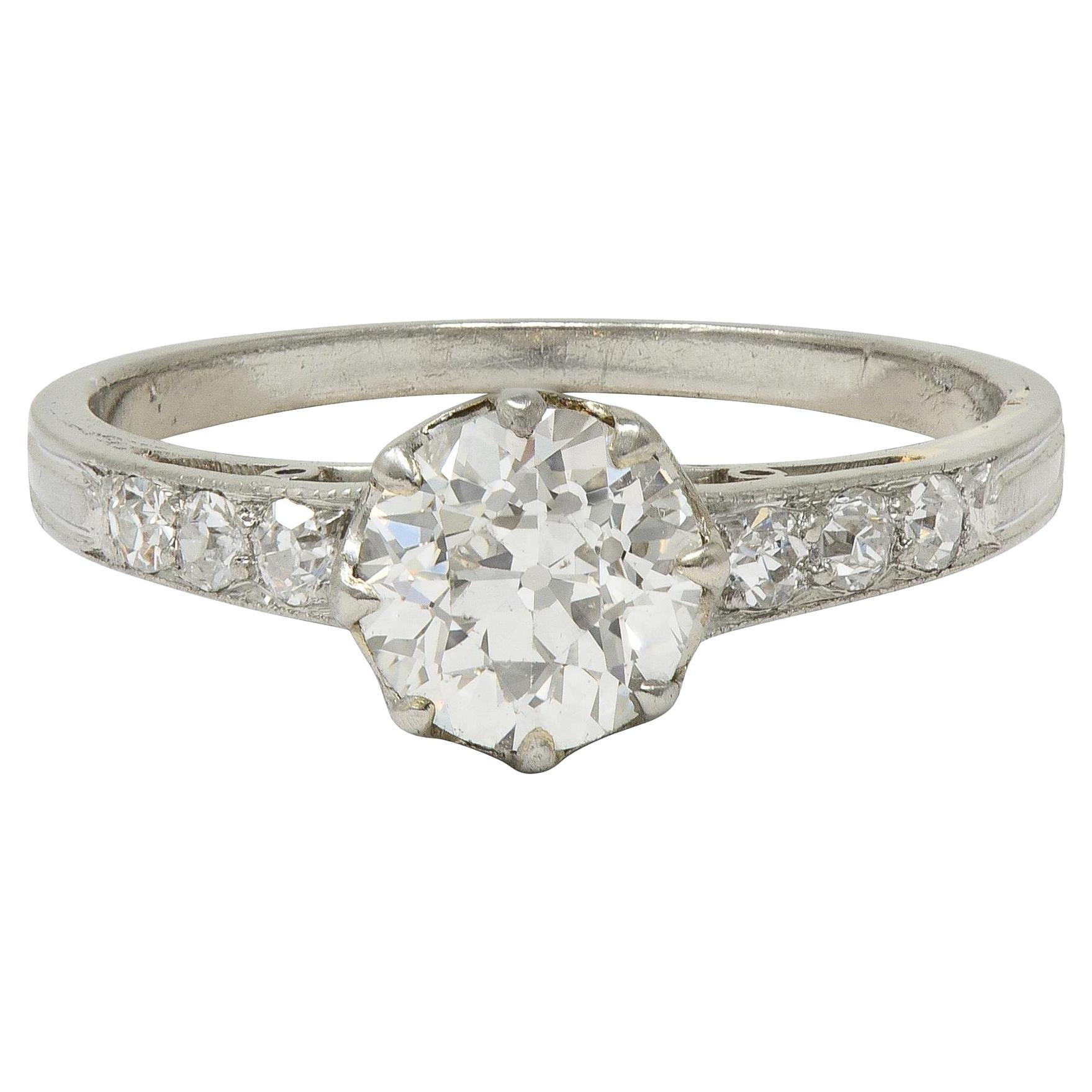 Anello di fidanzamento vintage in platino con diamante vecchio taglio europeo Art Deco 0.87 CTW in vendita