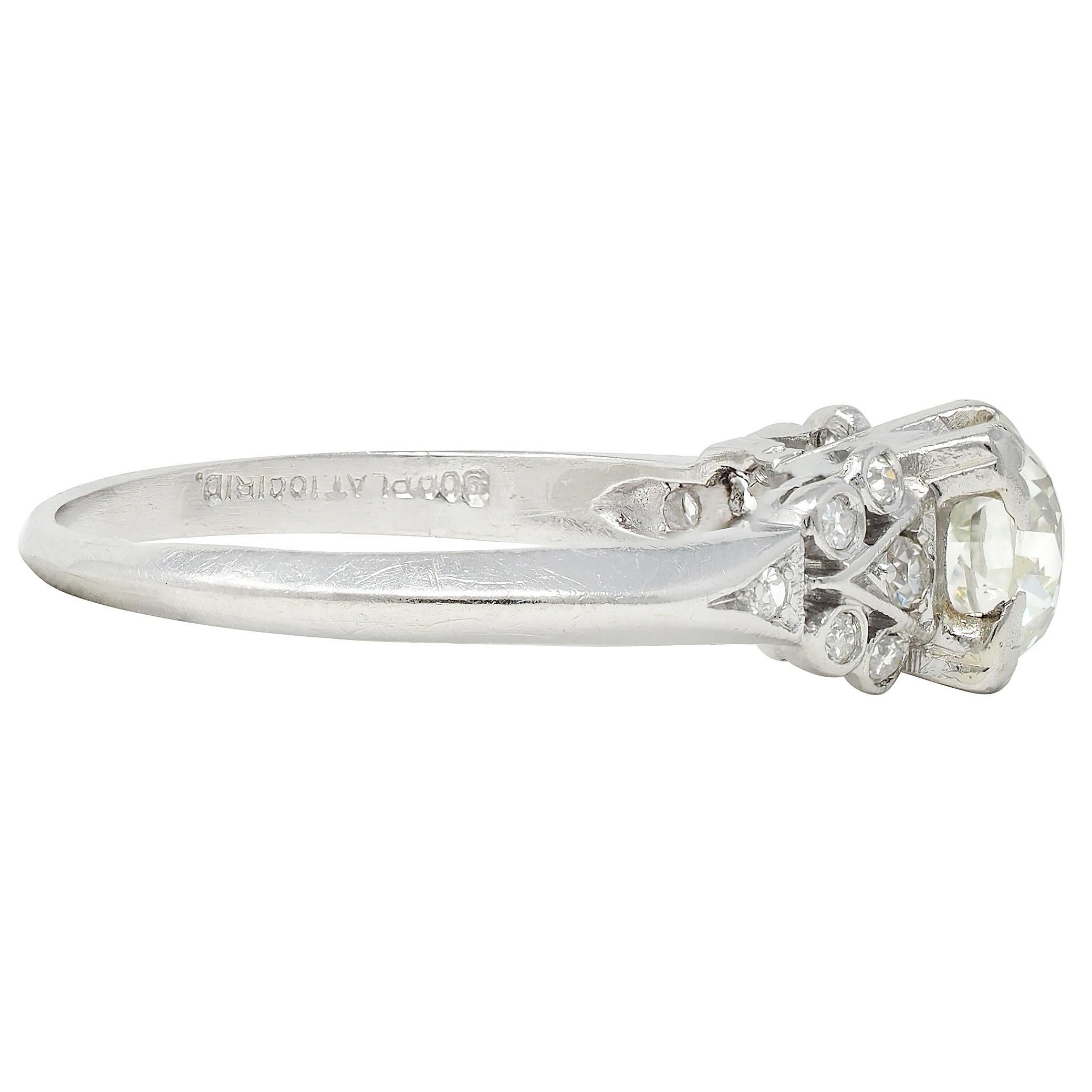 Old European Cut Art Deco 0.87 CTW Old European Diamond Platinum Square Vintage Engagement Ring For Sale