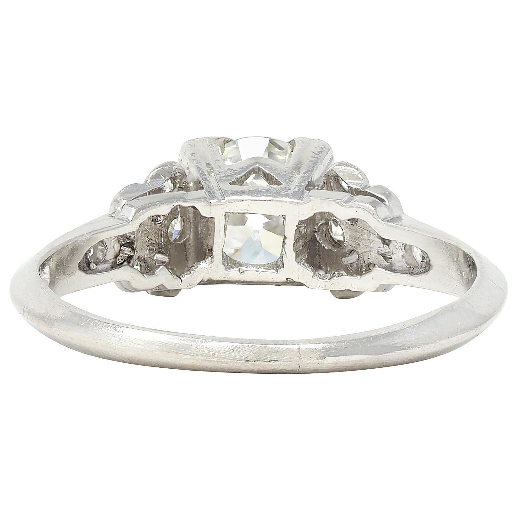 Art Deco 0.87 CTW Old European Diamond Platinum Square Vintage Engagement Ring In Excellent Condition For Sale In Philadelphia, PA