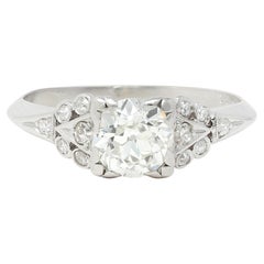 Bague de fiançailles vintage carrée Art déco en platine avec diamant européen ancien de 0,87 carat