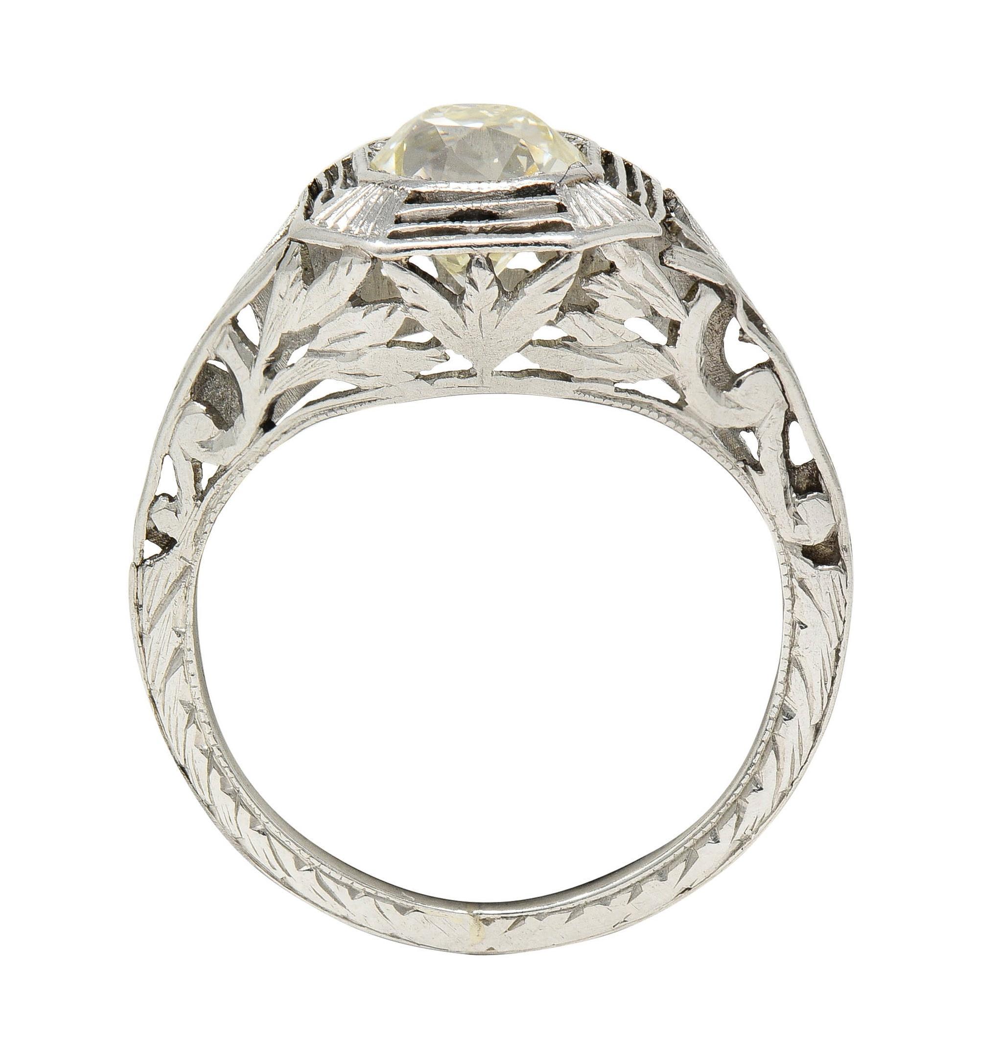 Art Deco 0.87 CTW Old Mine Cut Diamond Platinum Lotus Vintage Engagement Ring For Sale 6