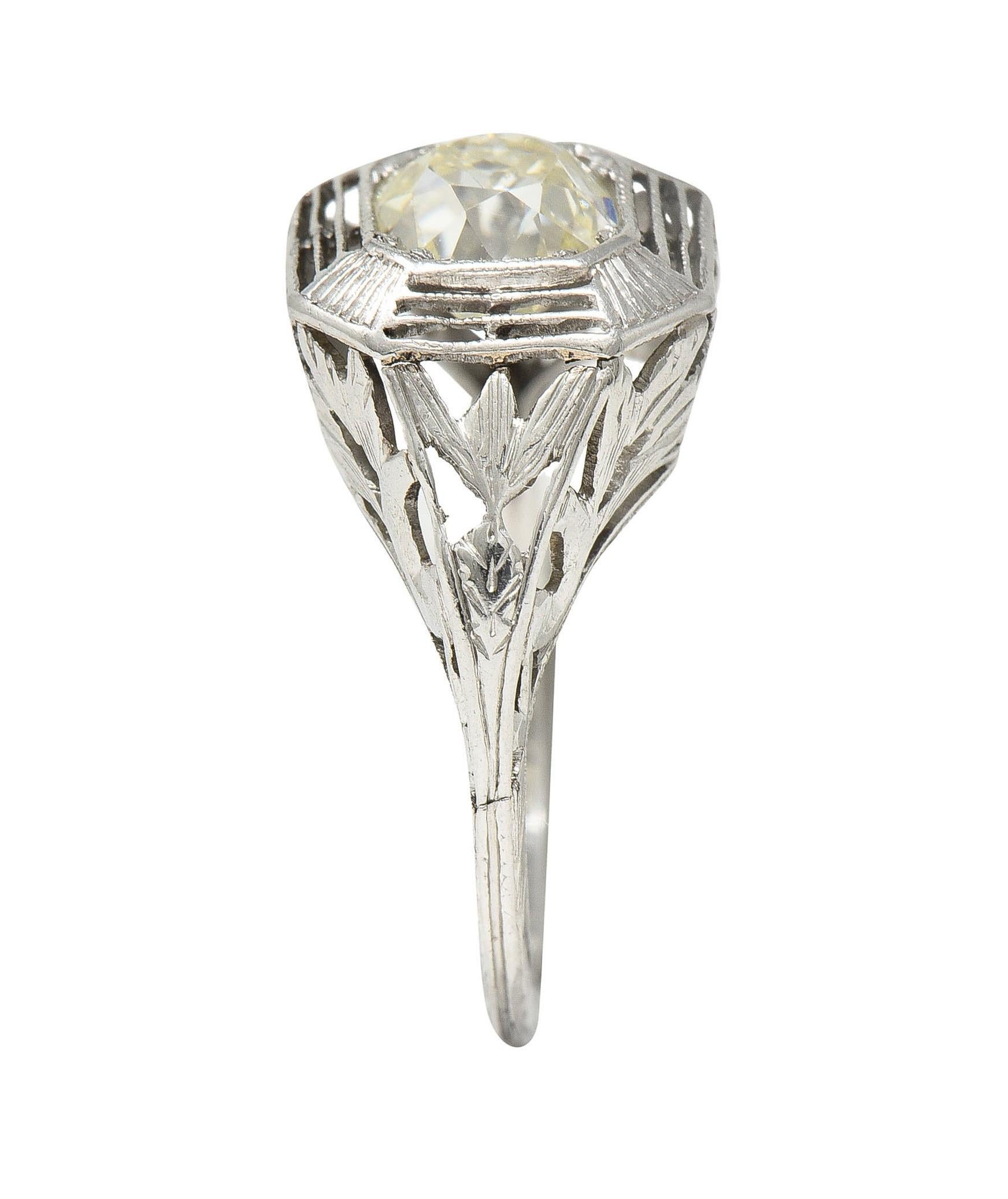 Art Deco 0.87 CTW Old Mine Cut Diamond Platinum Lotus Vintage Engagement Ring For Sale 7