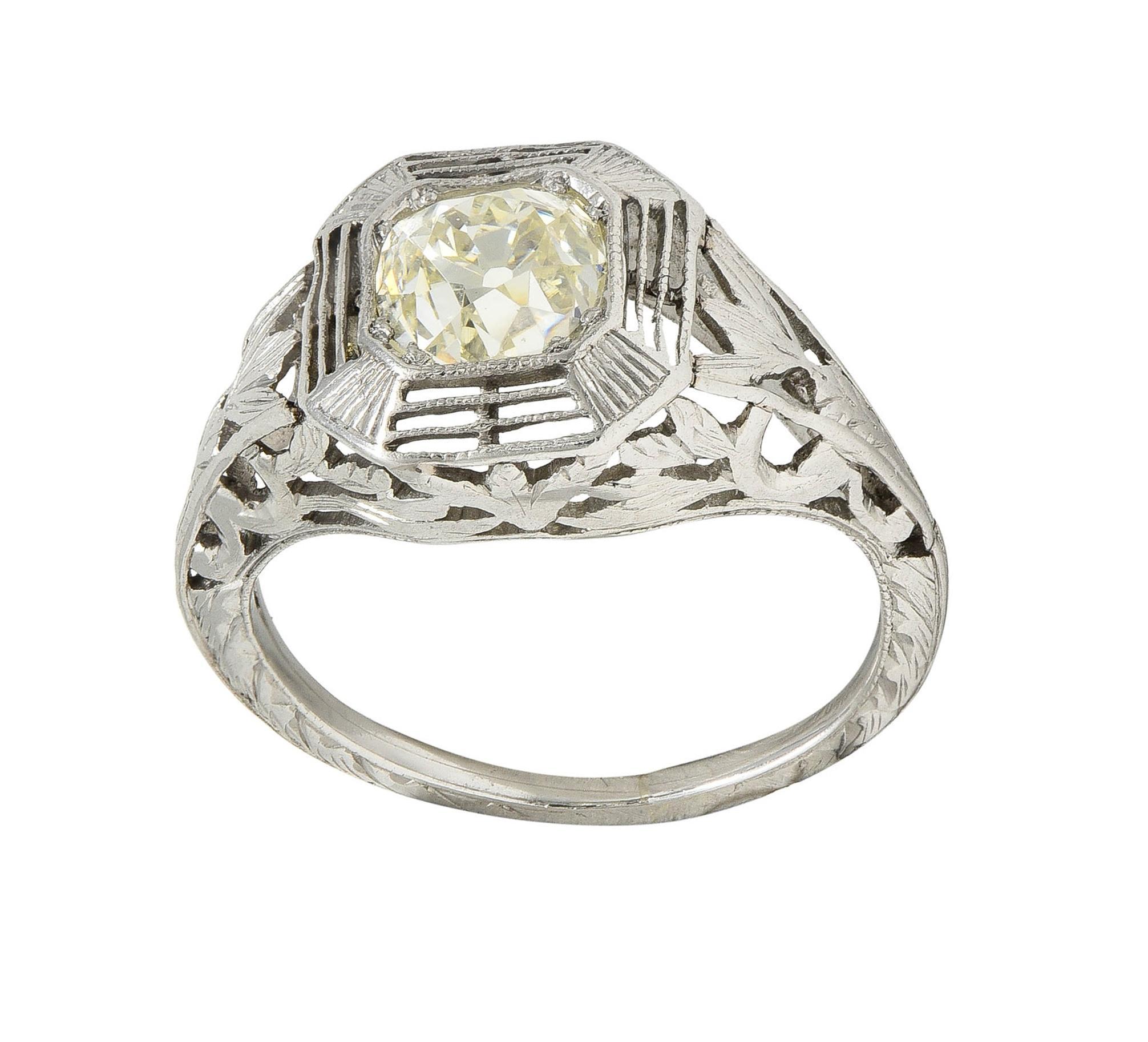 Art Deco 0.87 CTW Old Mine Cut Diamond Platinum Lotus Vintage Engagement Ring For Sale 8