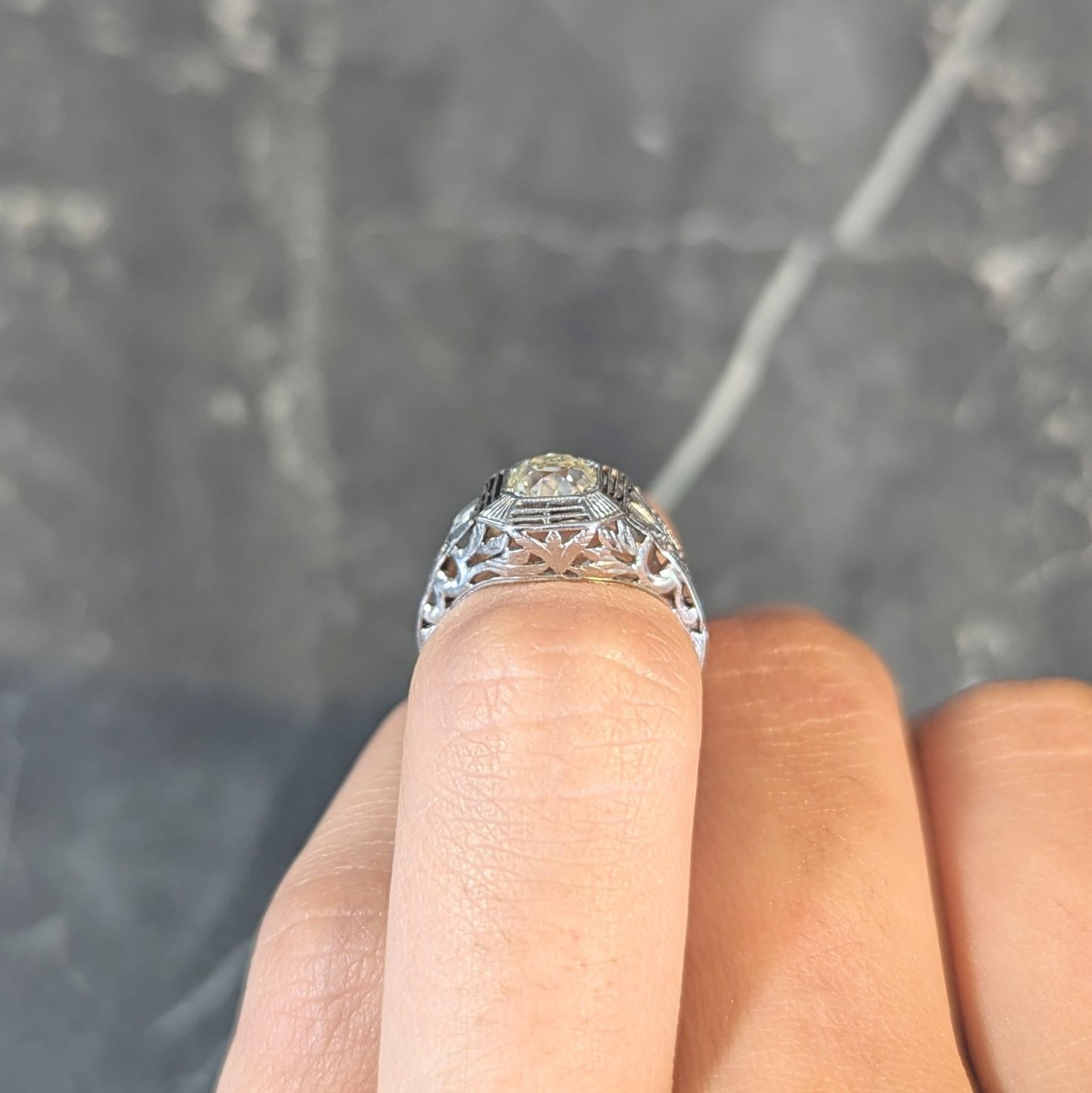Art Deco 0.87 CTW Old Mine Cut Diamond Platinum Lotus Vintage Engagement Ring For Sale 9