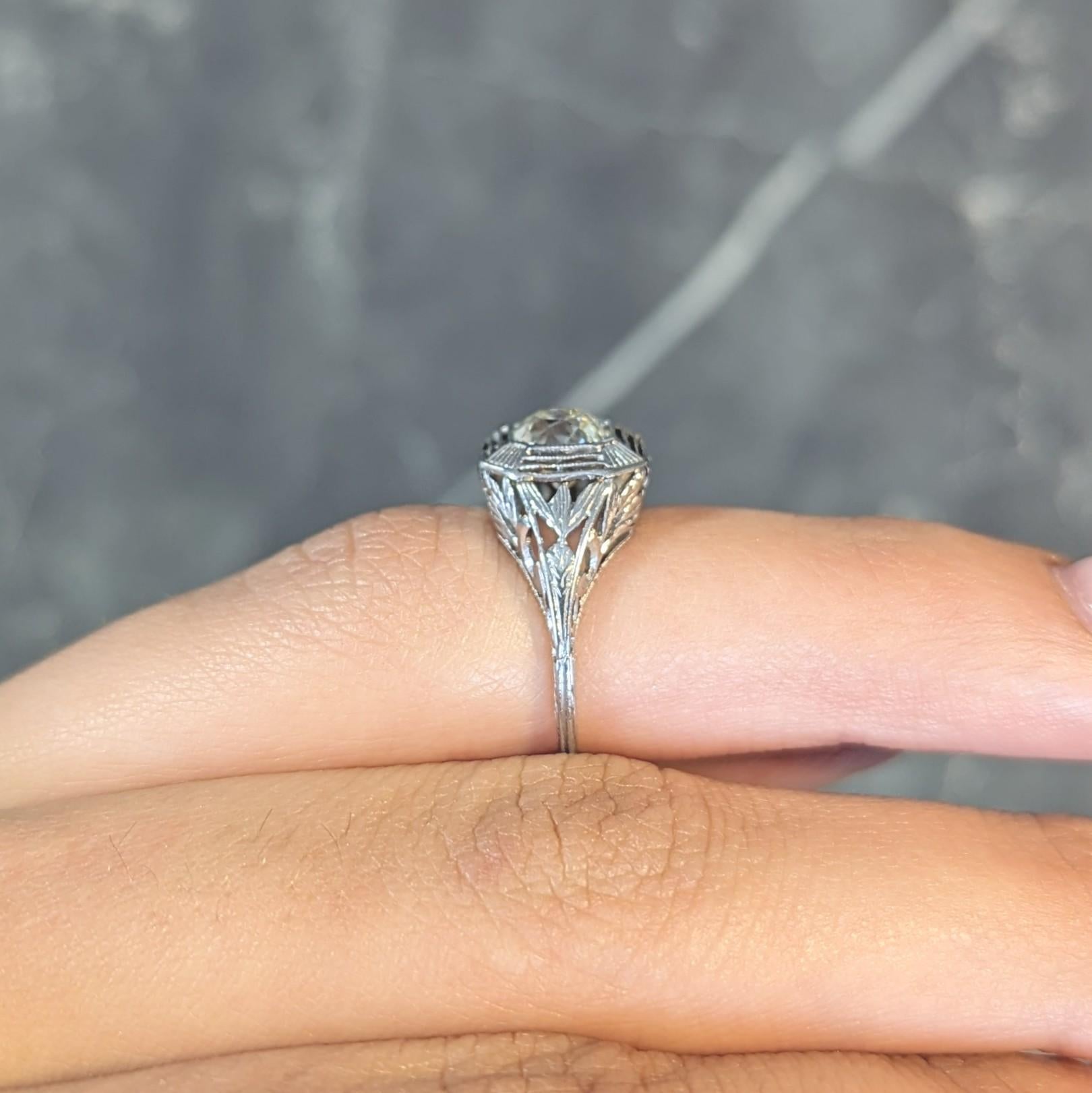 Art Deco 0.87 CTW Old Mine Cut Diamond Platinum Lotus Vintage Engagement Ring For Sale 10