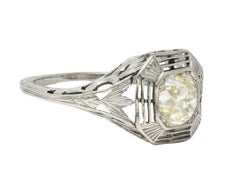 Art Deco 0.87 CTW Old Mine Cut Diamond Platinum Lotus Vintage Engagement Ring