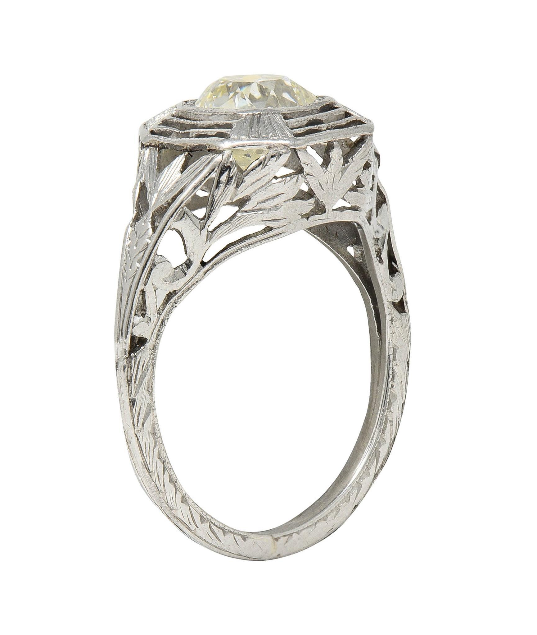 Women's or Men's Art Deco 0.87 CTW Old Mine Cut Diamond Platinum Lotus Vintage Engagement Ring For Sale
