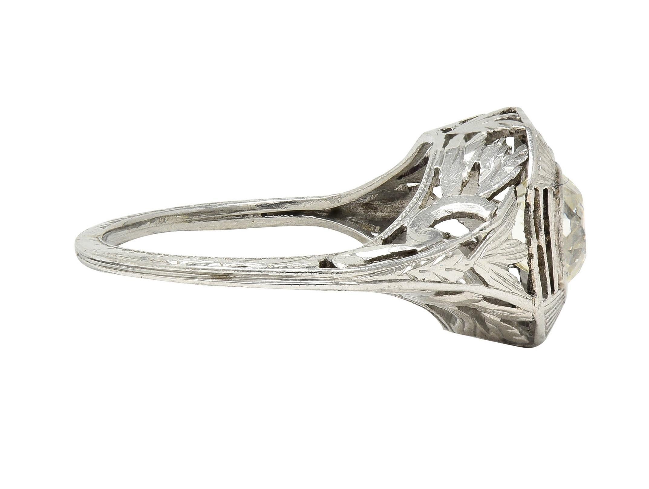 Art Deco 0.87 CTW Old Mine Cut Diamond Platinum Lotus Vintage Engagement Ring For Sale 1