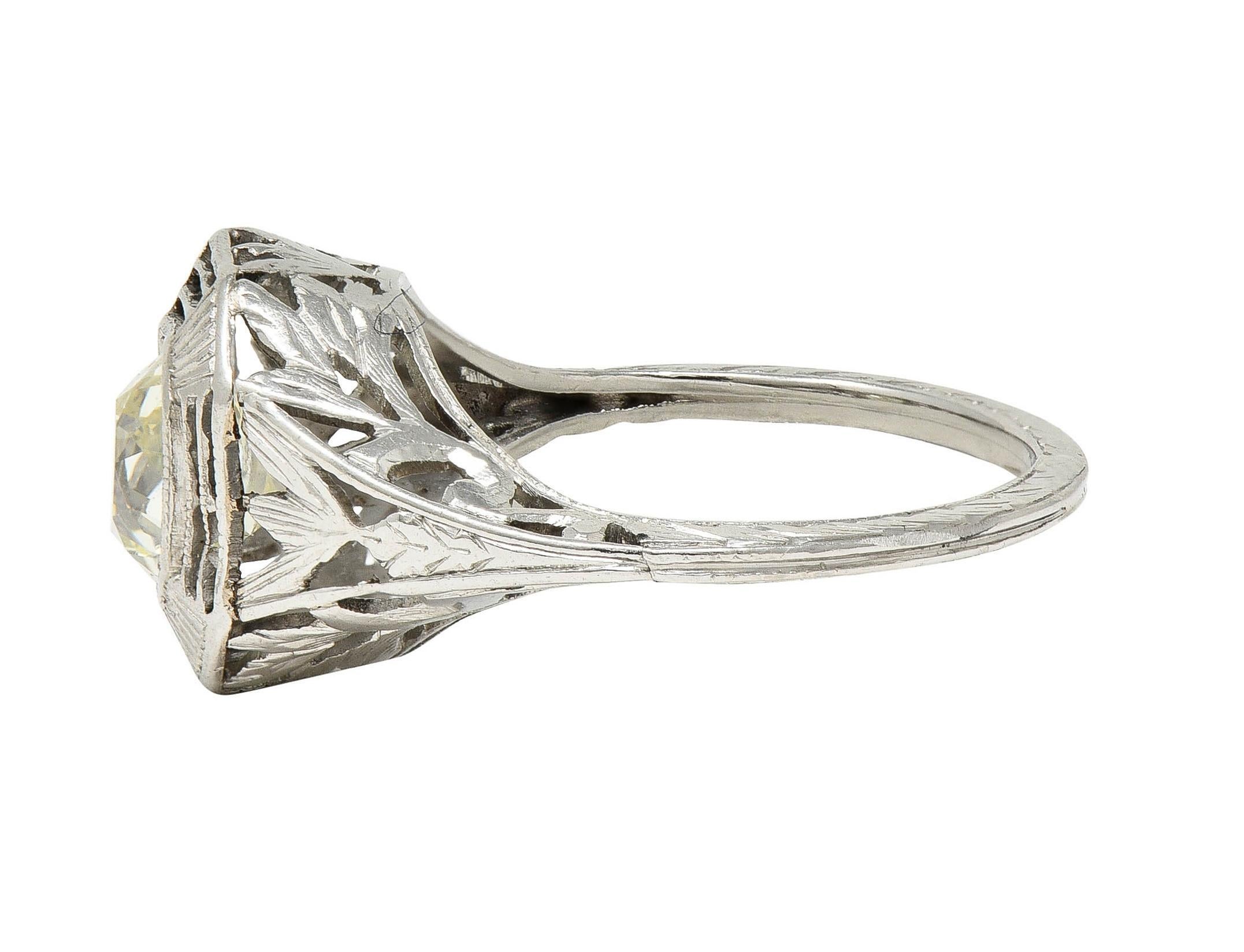 Art Deco 0.87 CTW Old Mine Cut Diamond Platinum Lotus Vintage Engagement Ring For Sale 3