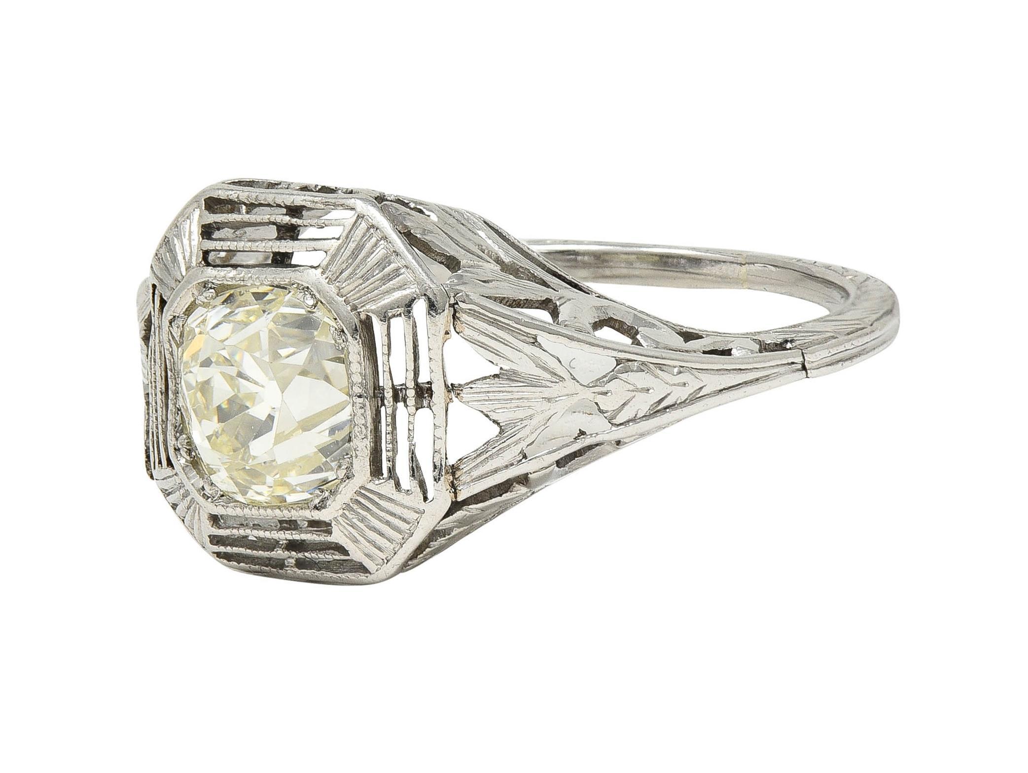 Art Deco 0.87 CTW Old Mine Cut Diamond Platinum Lotus Vintage Engagement Ring For Sale 4