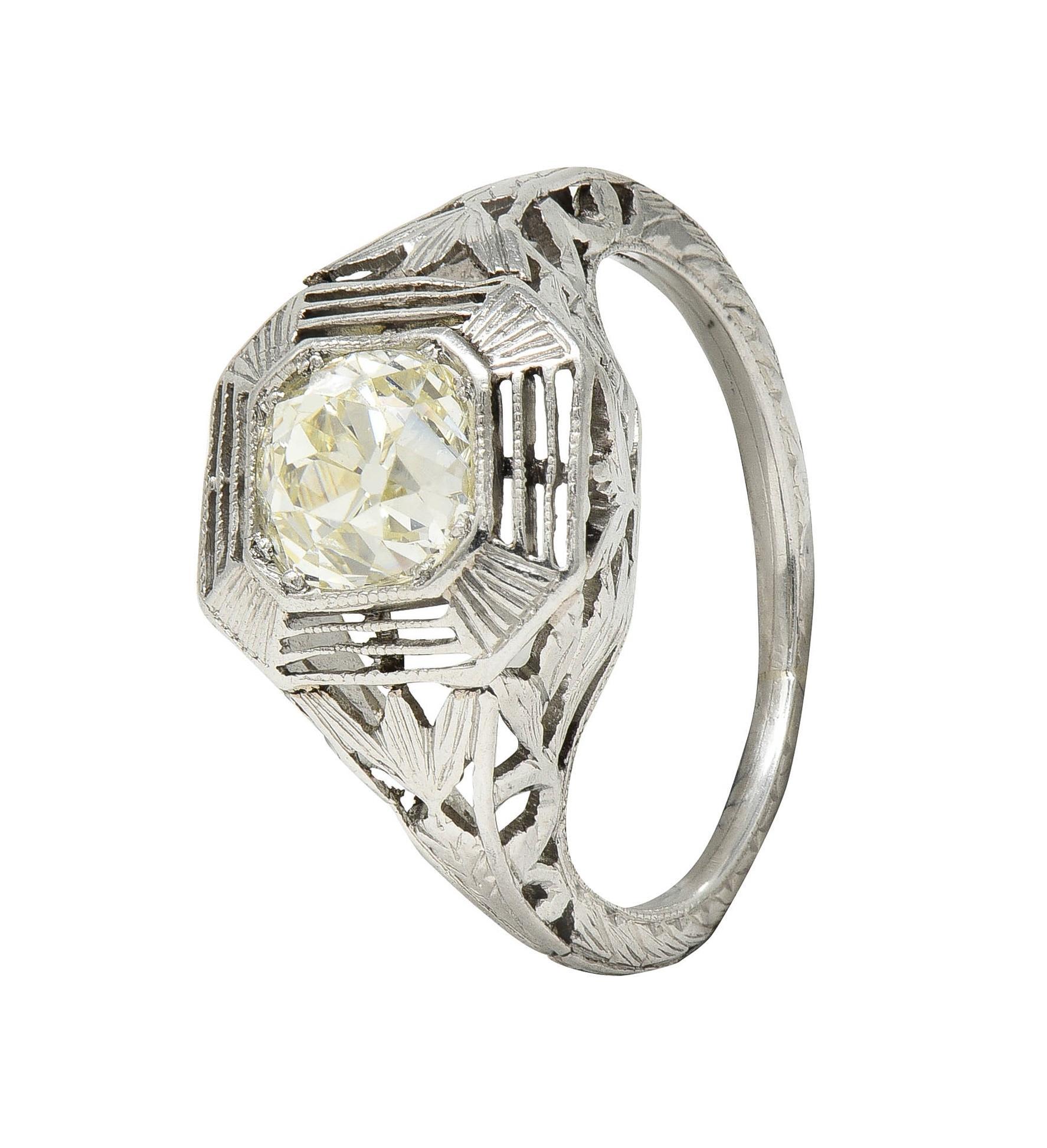 Art Deco 0.87 CTW Old Mine Cut Diamond Platinum Lotus Vintage Engagement Ring For Sale 5