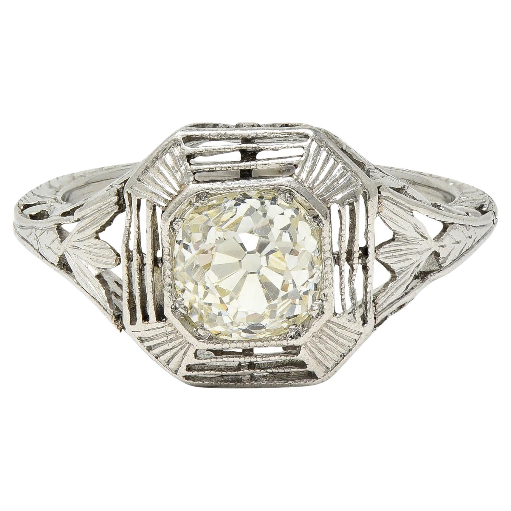 Art Deco 0.87 CTW Old Mine Cut Diamant Platin Lotus Vintage Verlobungsring