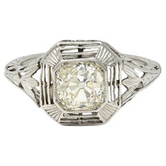 Art Deco 0.87 CTW Old Mine Cut Diamond Platinum Lotus Vintage Engagement Ring