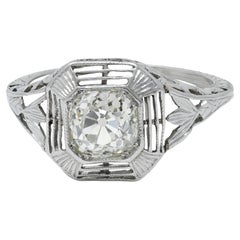 Art Deco 0.87 CTW Old Mine Cut Diamond Platinum Lotus Vintage Engagement Ring
