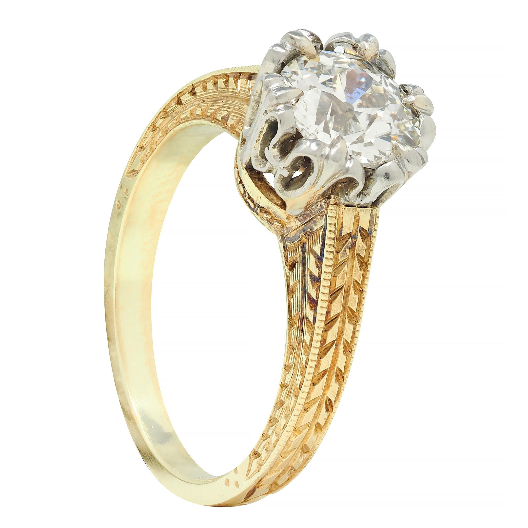 Art Deco 0.88 CTW Diamond Two-Tone 14 Karat Gold Vintage Engagement Ring For Sale 6