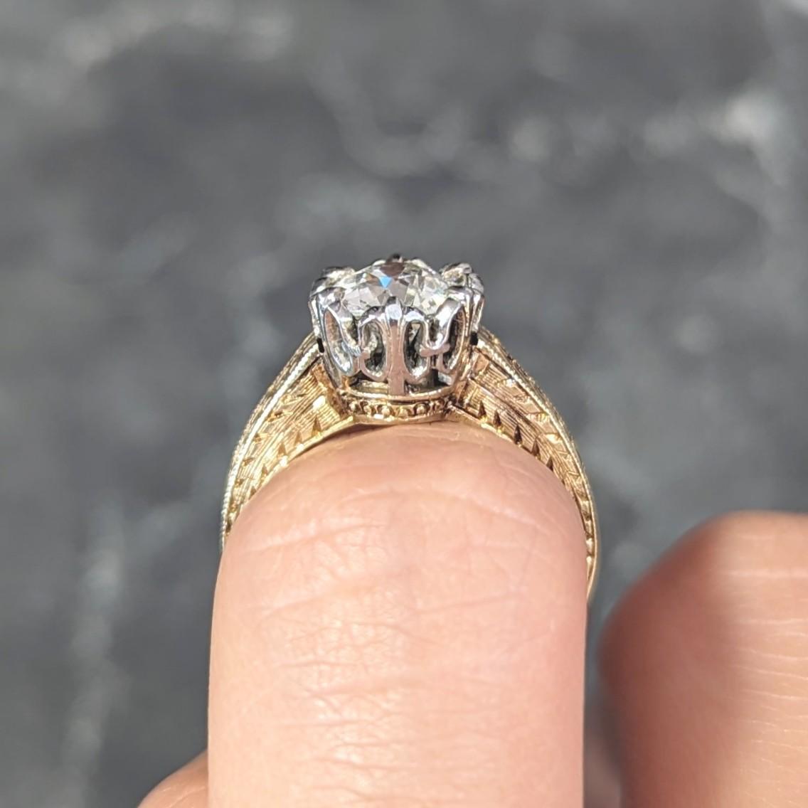 Art Deco 0.88 CTW Diamond Two-Tone 14 Karat Gold Vintage Engagement Ring For Sale 8