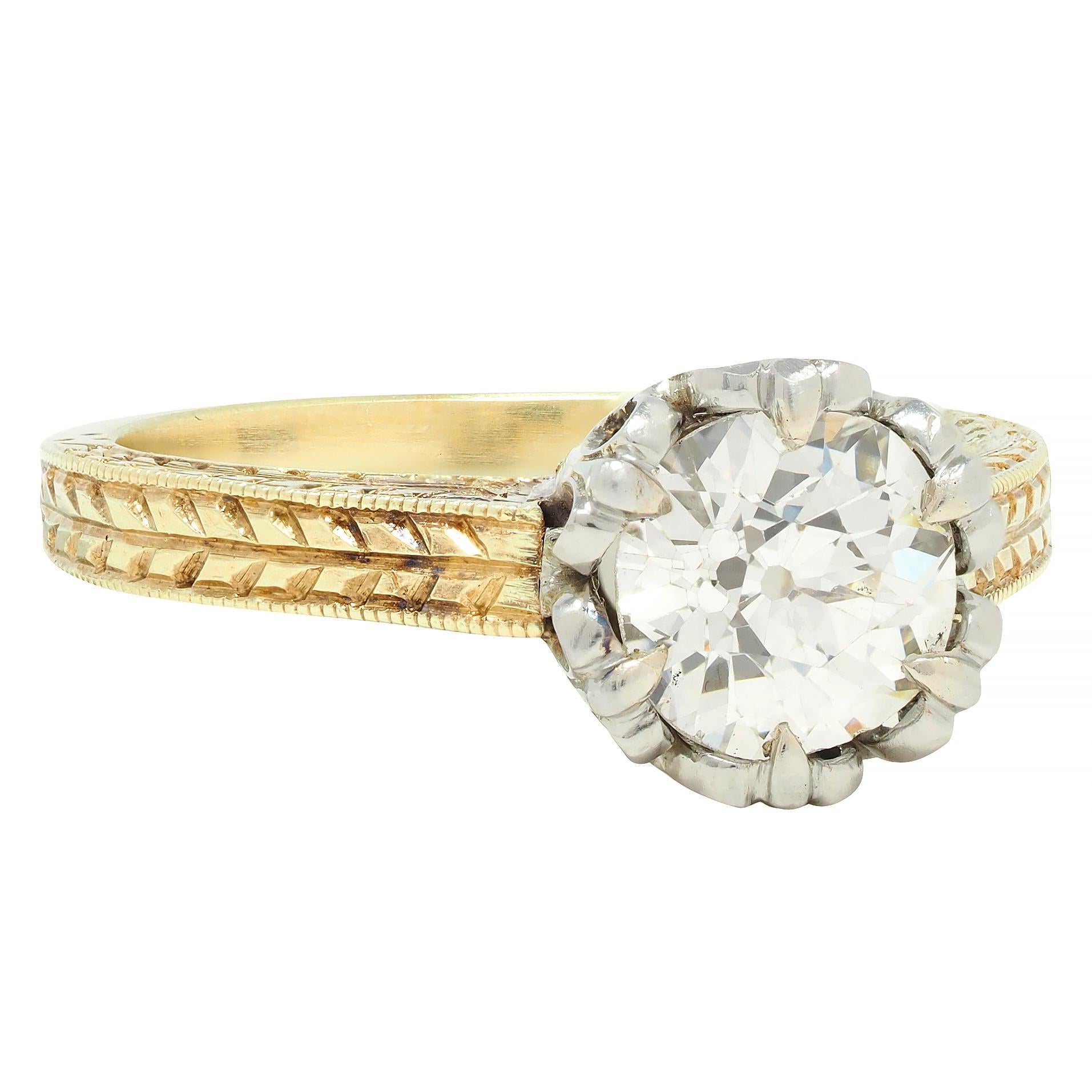 Old European Cut Art Deco 0.88 CTW Diamond Two-Tone 14 Karat Gold Vintage Engagement Ring For Sale