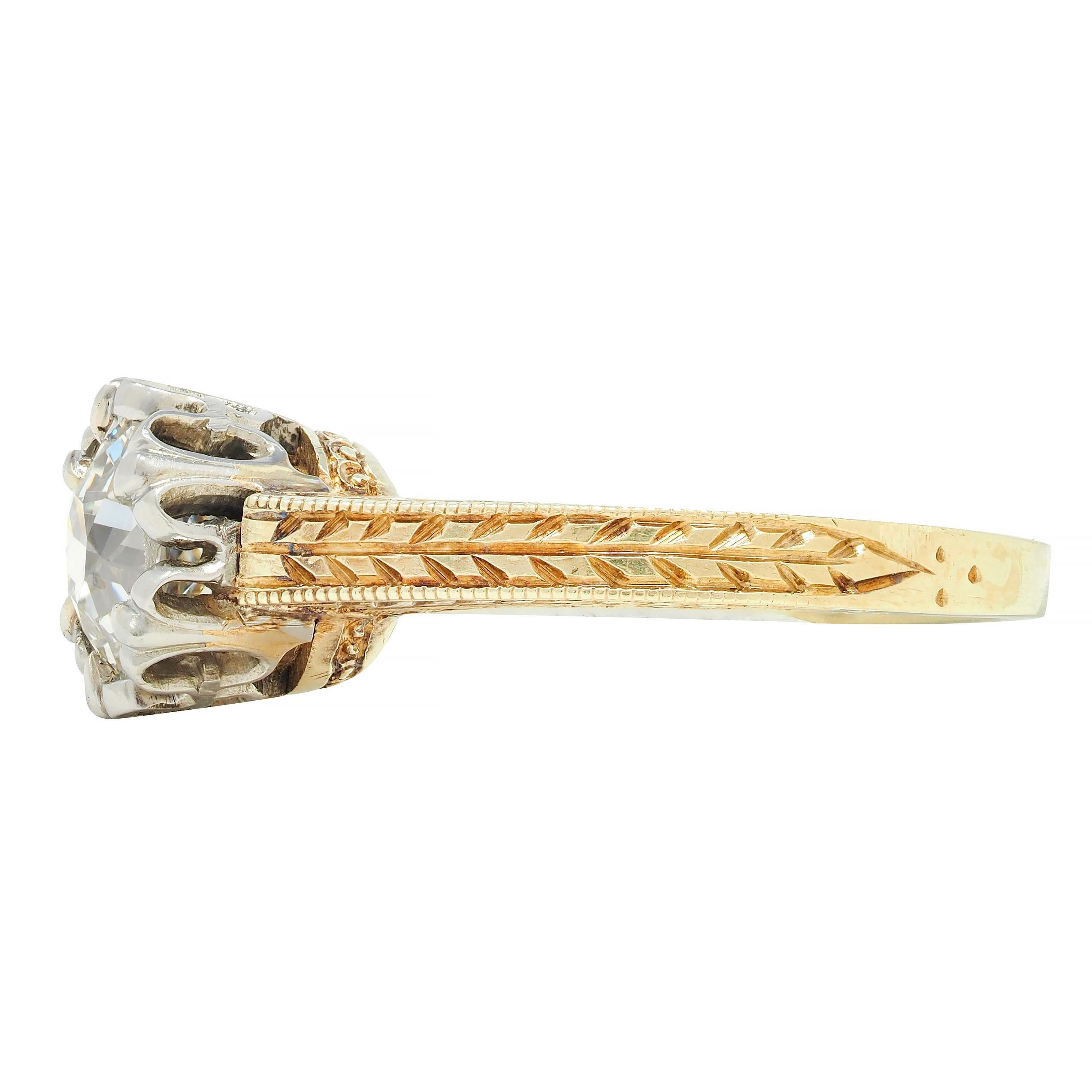 Art Deco 0.88 CTW Diamond Two-Tone 14 Karat Gold Vintage Engagement Ring For Sale 1