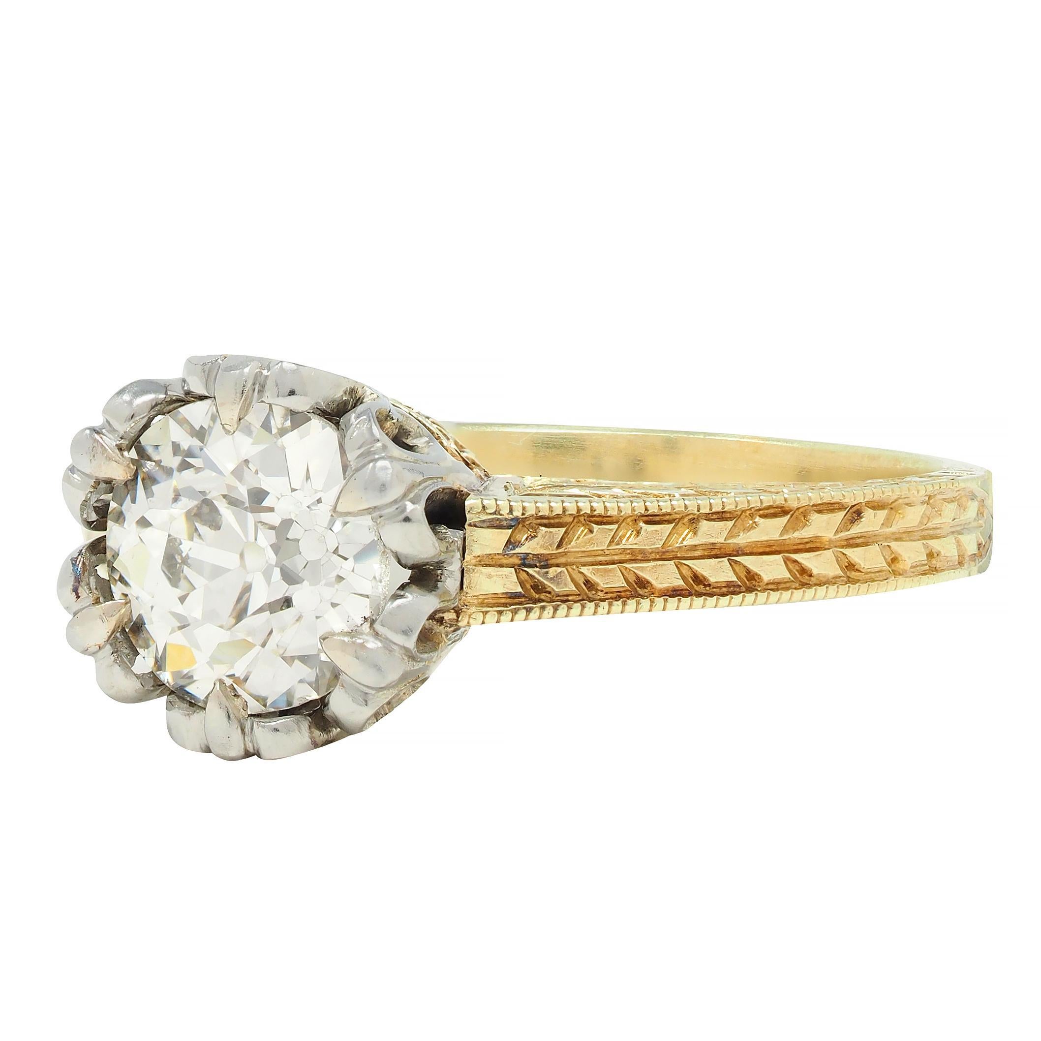 Art Deco 0.88 CTW Diamond Two-Tone 14 Karat Gold Vintage Engagement Ring For Sale 2
