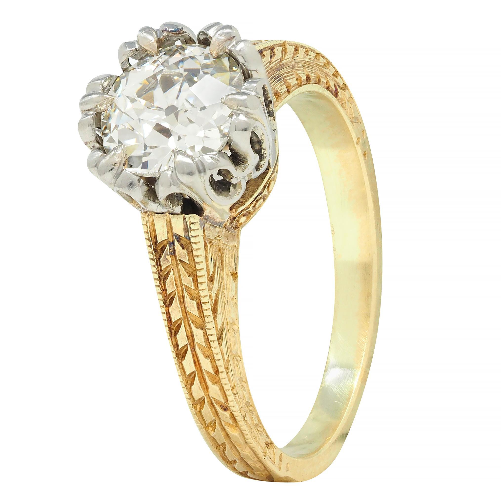 Art Deco 0.88 CTW Diamond Two-Tone 14 Karat Gold Vintage Engagement Ring For Sale 4