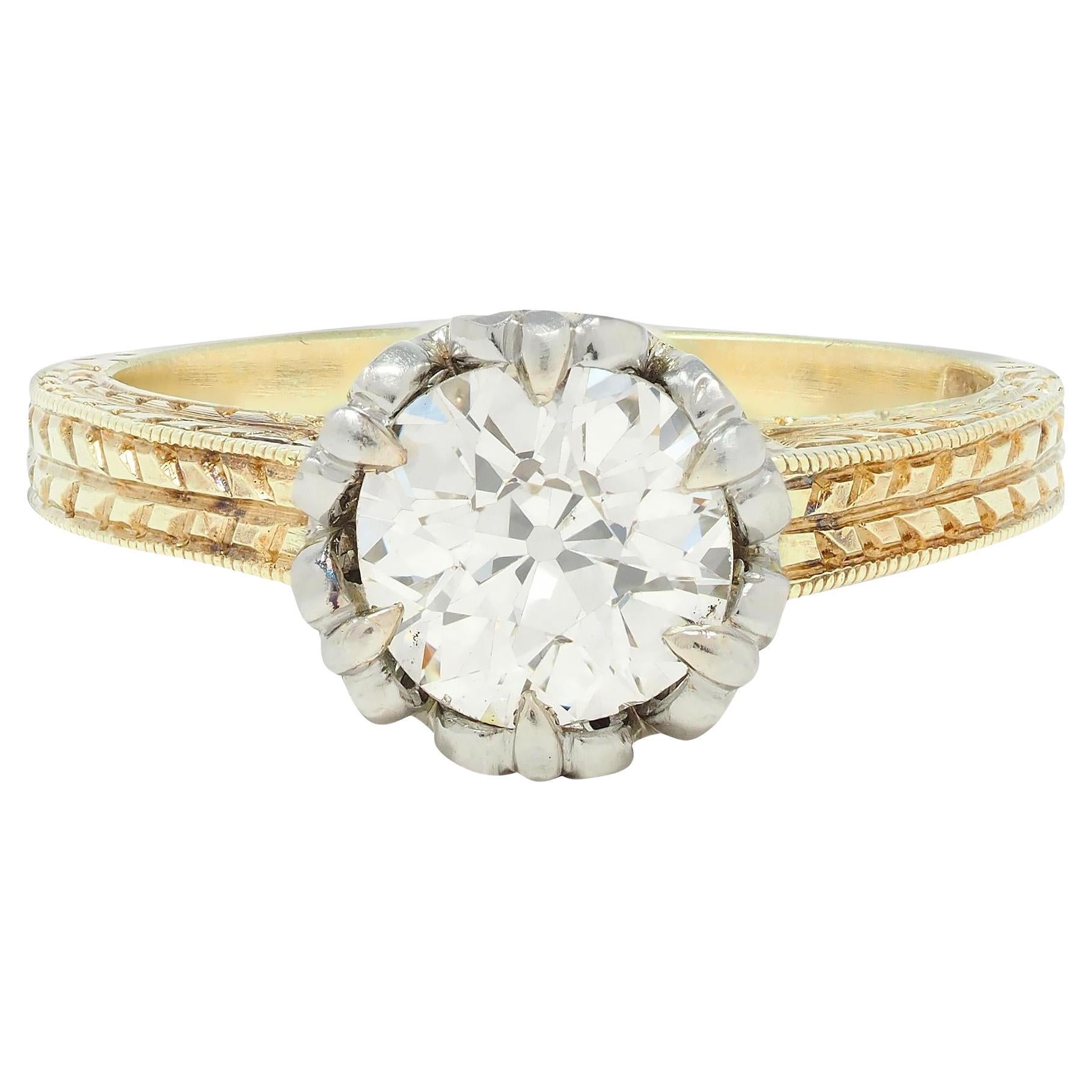 Art Deco 0.88 CTW Diamond Two-Tone 14 Karat Gold Vintage Engagement Ring For Sale