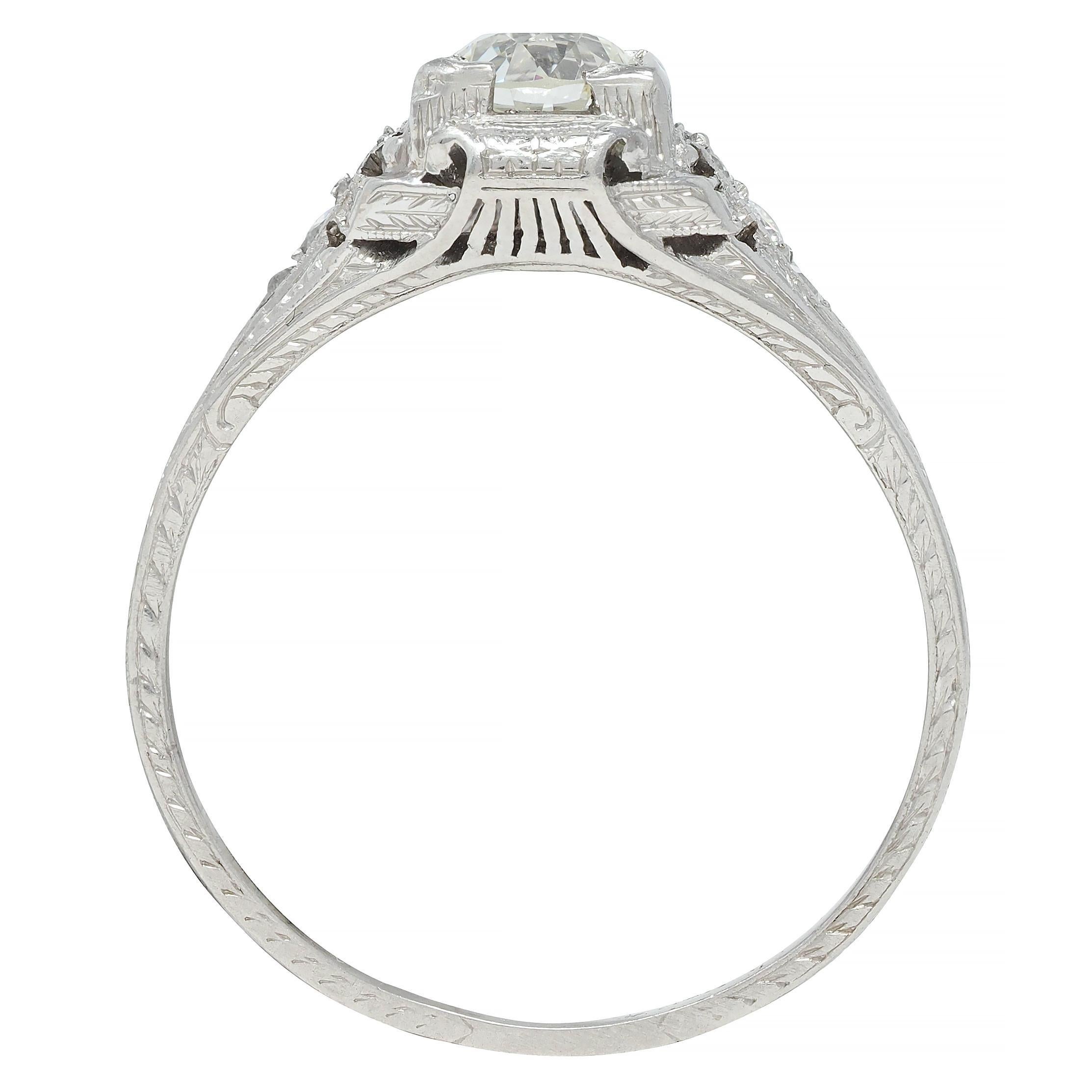 Art Deco 0.88 CTW Old European Cut Diamond Platinum Wheat Engagement Ring For Sale 6