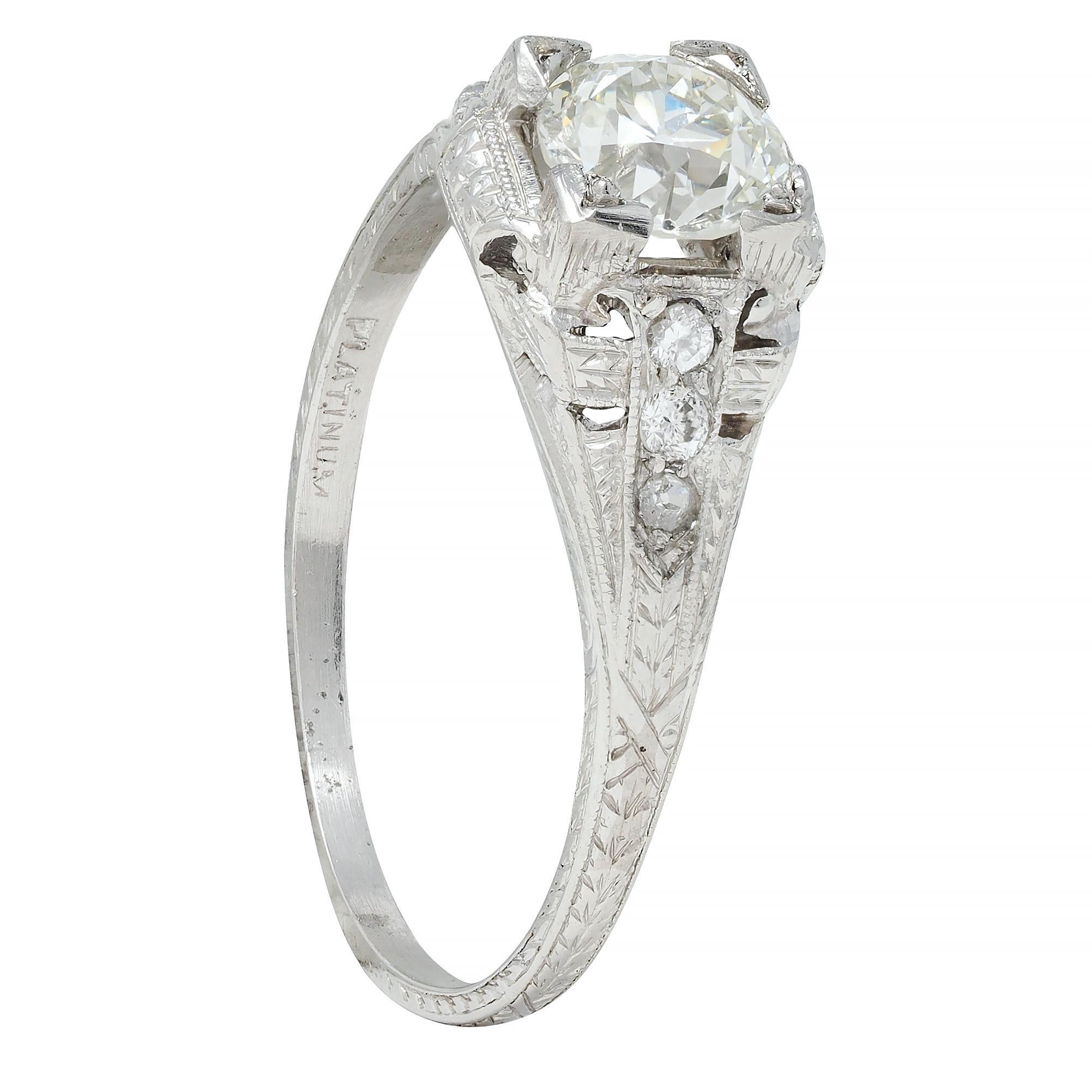 Art Deco 0.88 CTW Old European Cut Diamond Platinum Wheat Engagement Ring For Sale 7