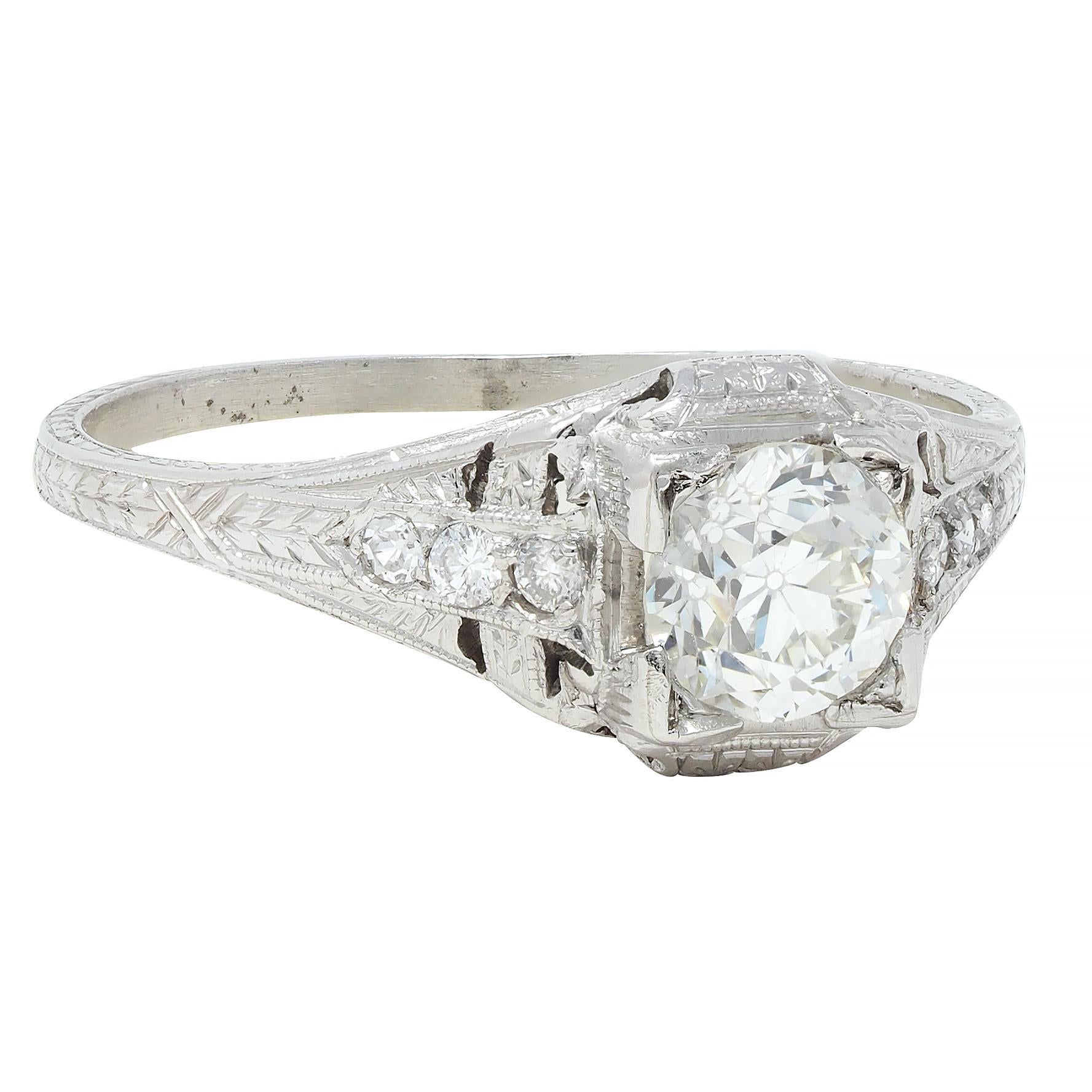 Art Deco 0.88 CTW Old European Cut Diamond Platinum Wheat Engagement Ring In Excellent Condition For Sale In Philadelphia, PA