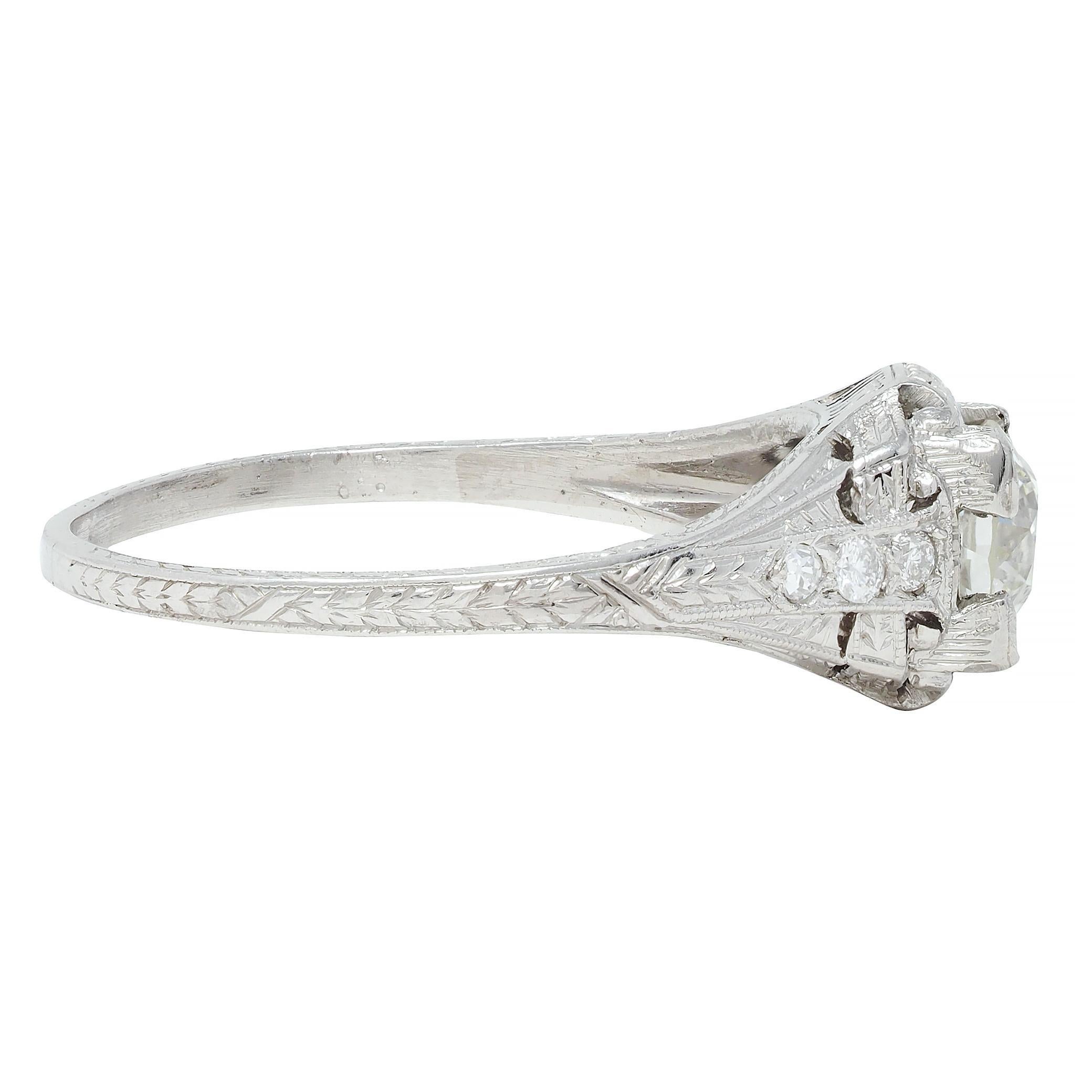 Women's or Men's Art Deco 0.88 CTW Old European Cut Diamond Platinum Wheat Engagement Ring For Sale