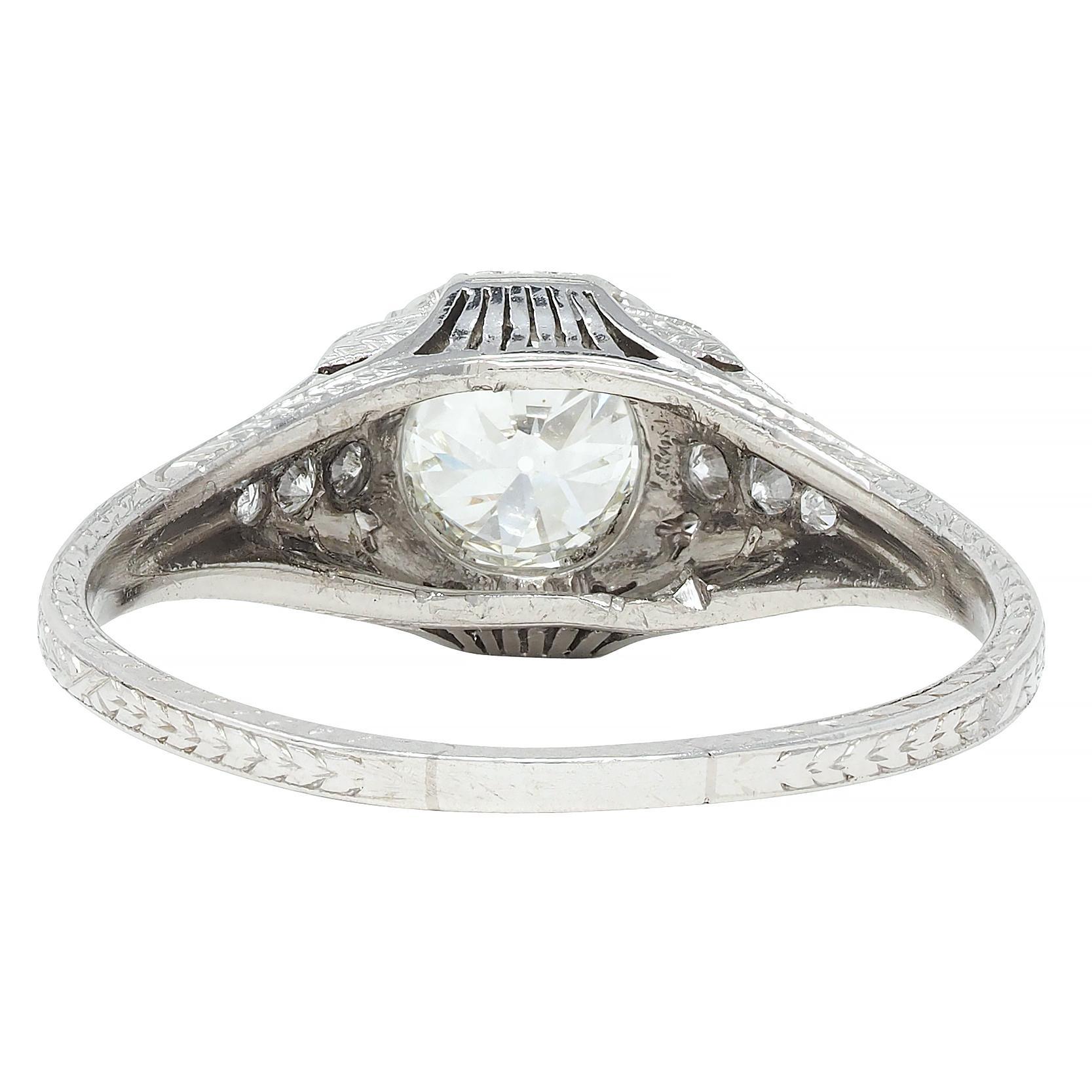 Art Deco 0.88 CTW Old European Cut Diamond Platinum Wheat Engagement Ring For Sale 1