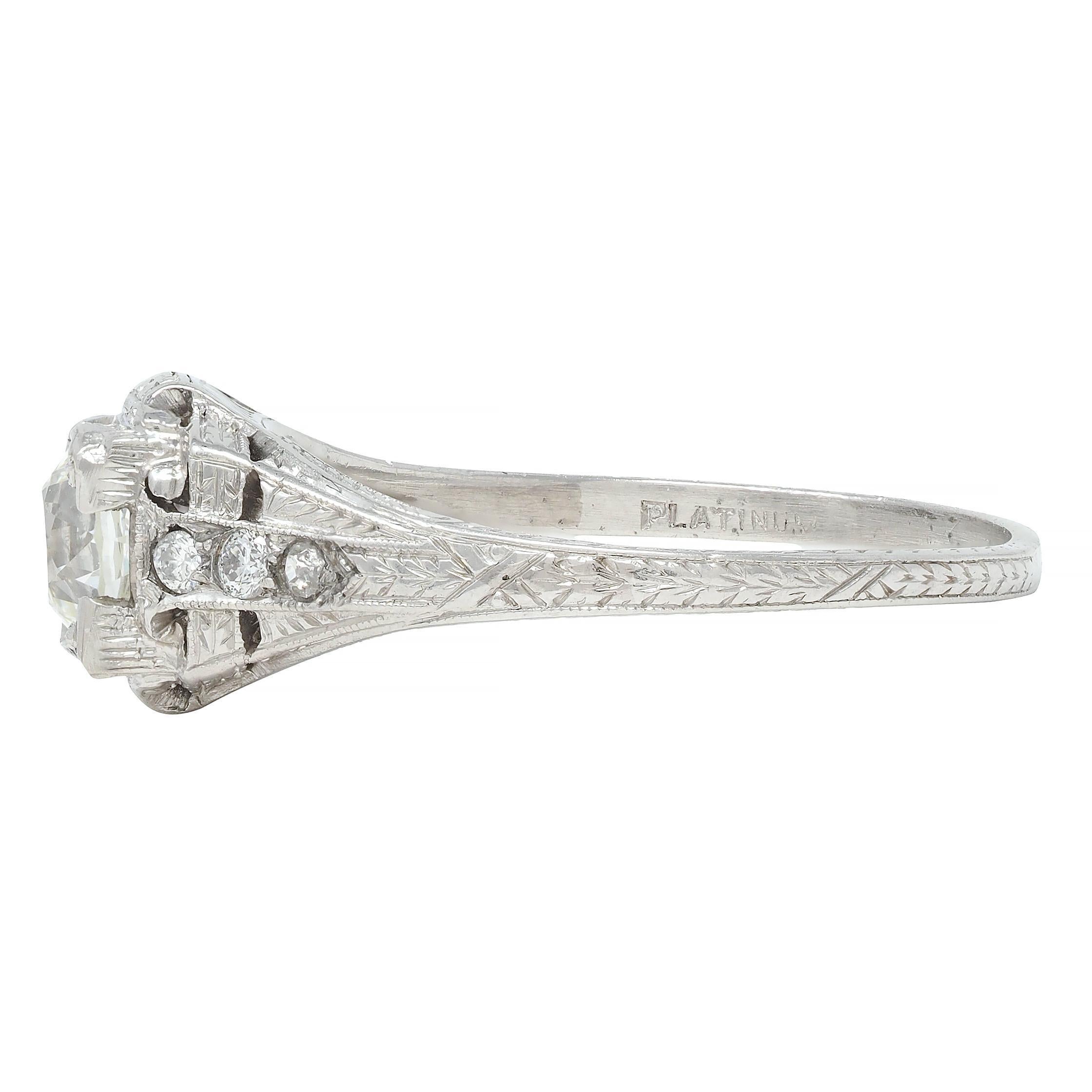 Art Deco 0.88 CTW Old European Cut Diamond Platinum Wheat Engagement Ring For Sale 2