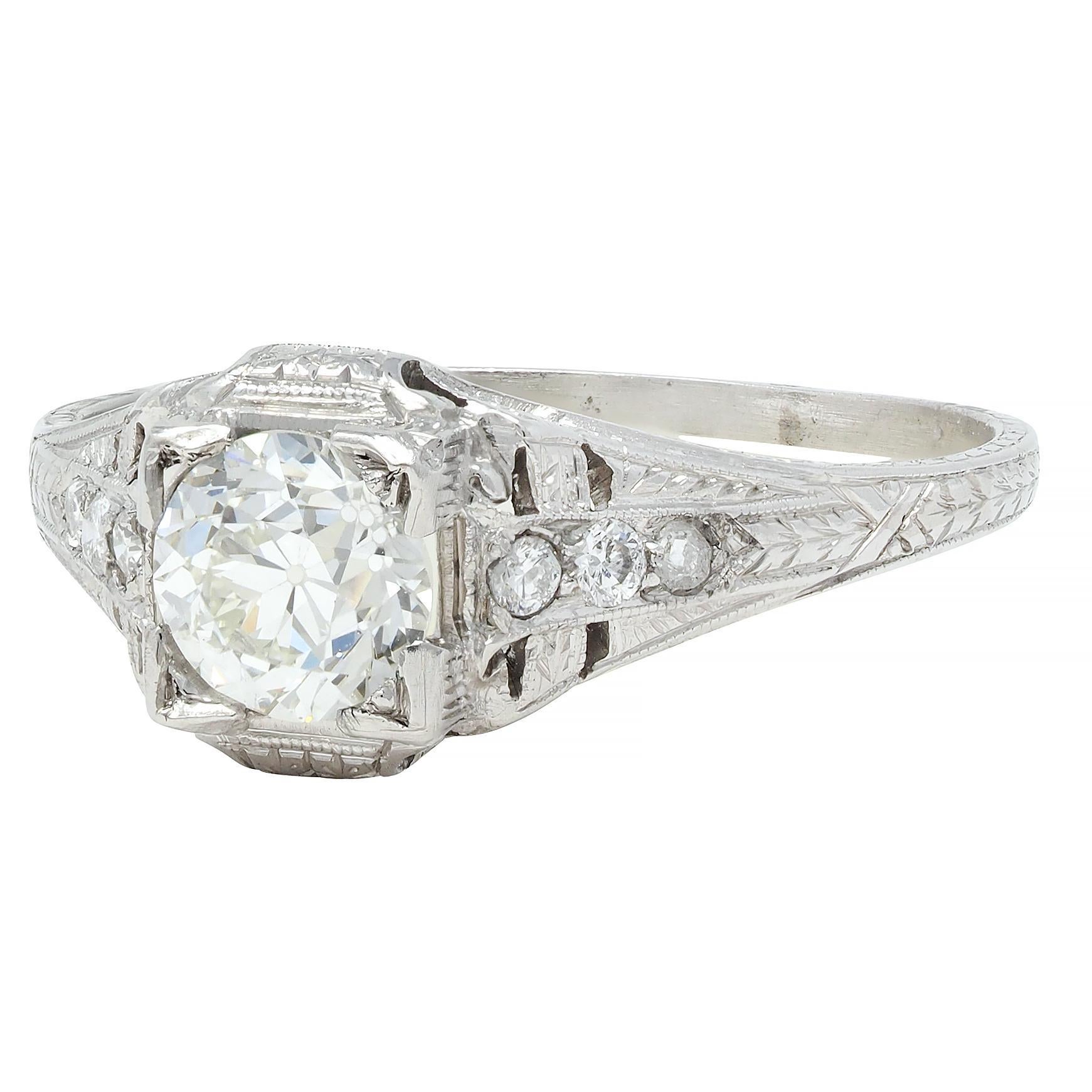 Art Deco 0.88 CTW Old European Cut Diamond Platinum Wheat Engagement Ring For Sale 3