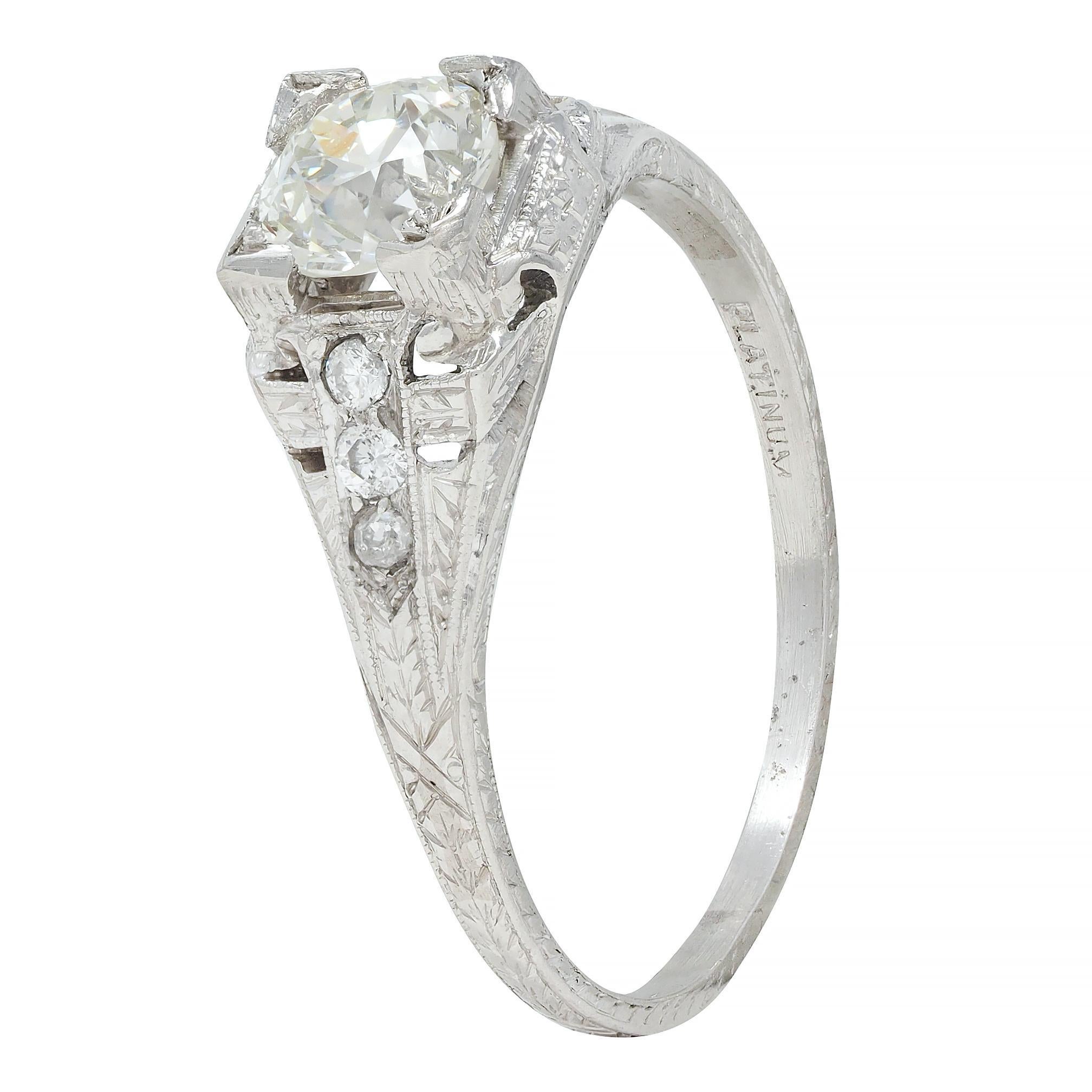 Art Deco 0.88 CTW Old European Cut Diamond Platinum Wheat Engagement Ring For Sale 5