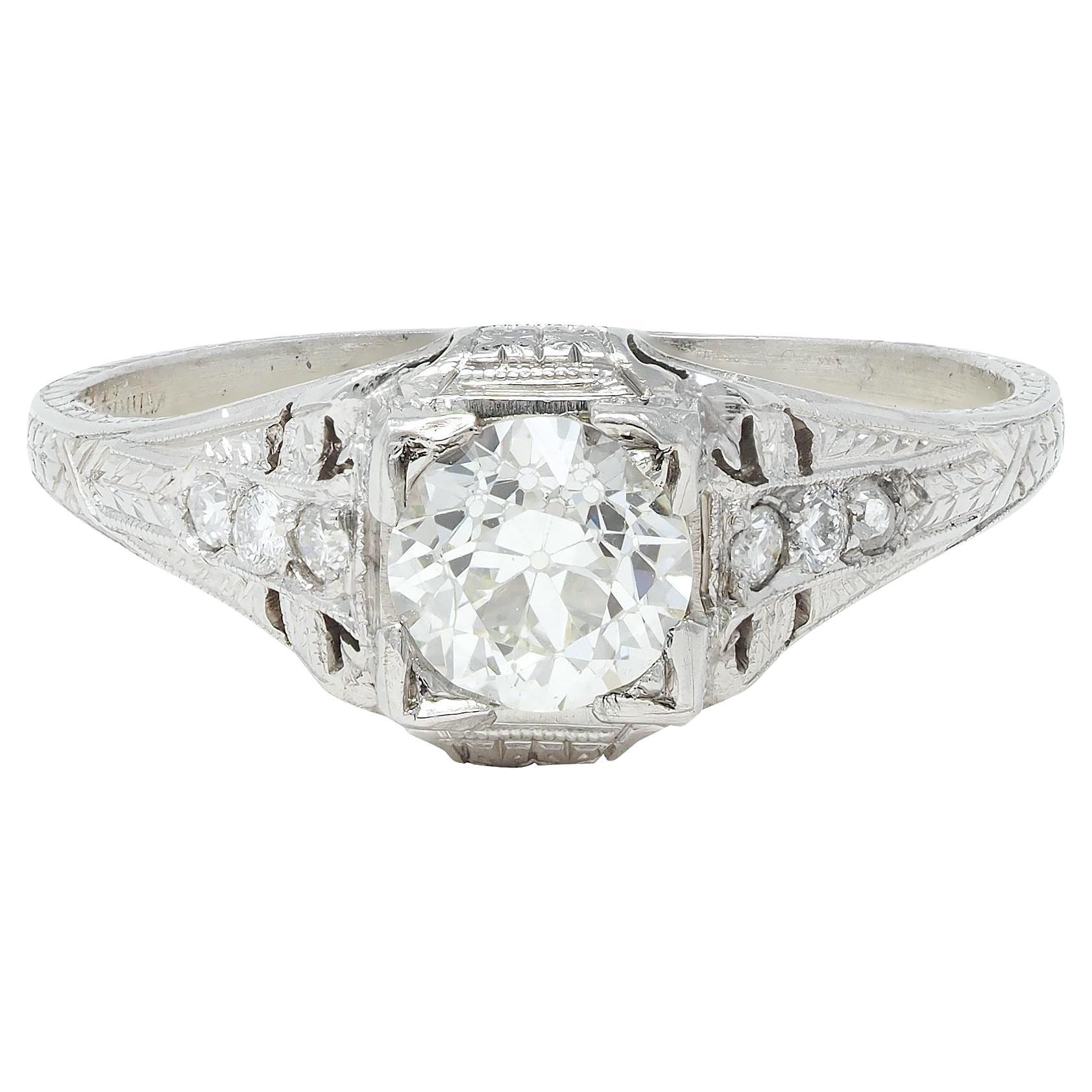 Art Deco 0.88 CTW Old European Cut Diamond Platinum Wheat Engagement Ring For Sale