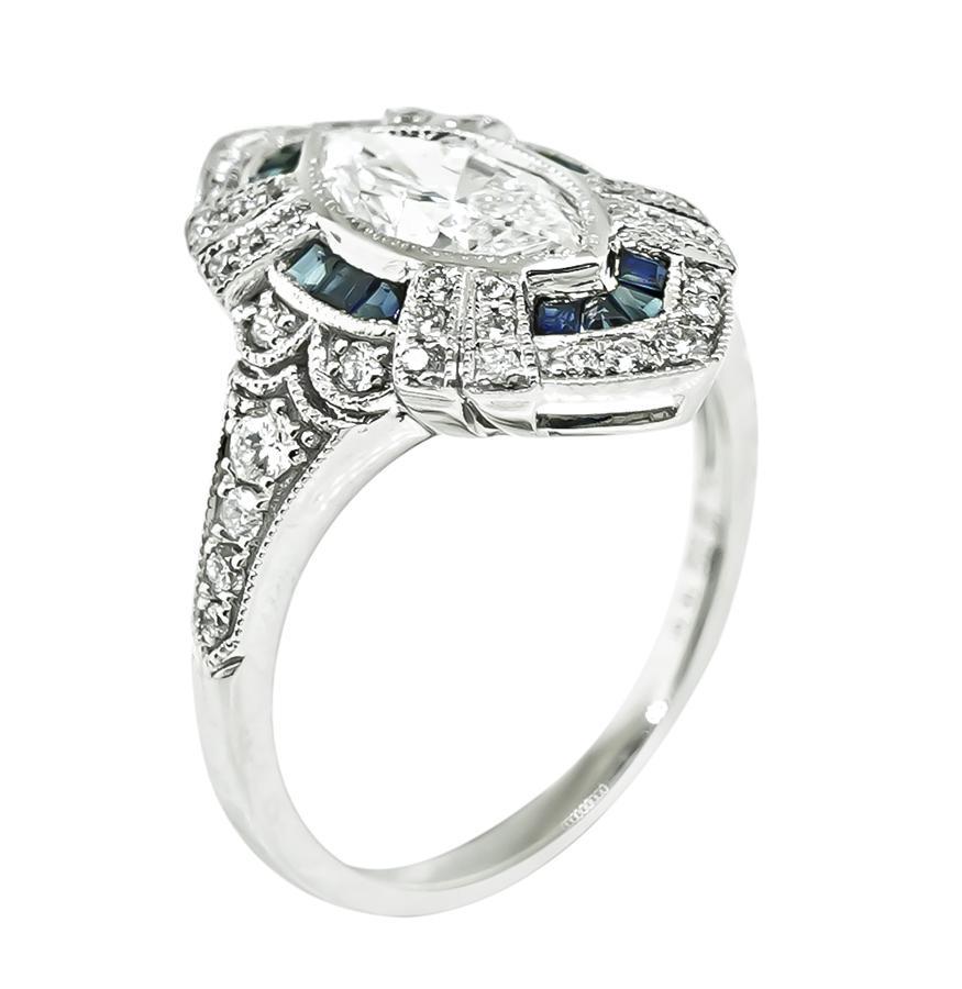 Marquise Cut Art Deco 0.89ct Diamond Sapphire Ring For Sale
