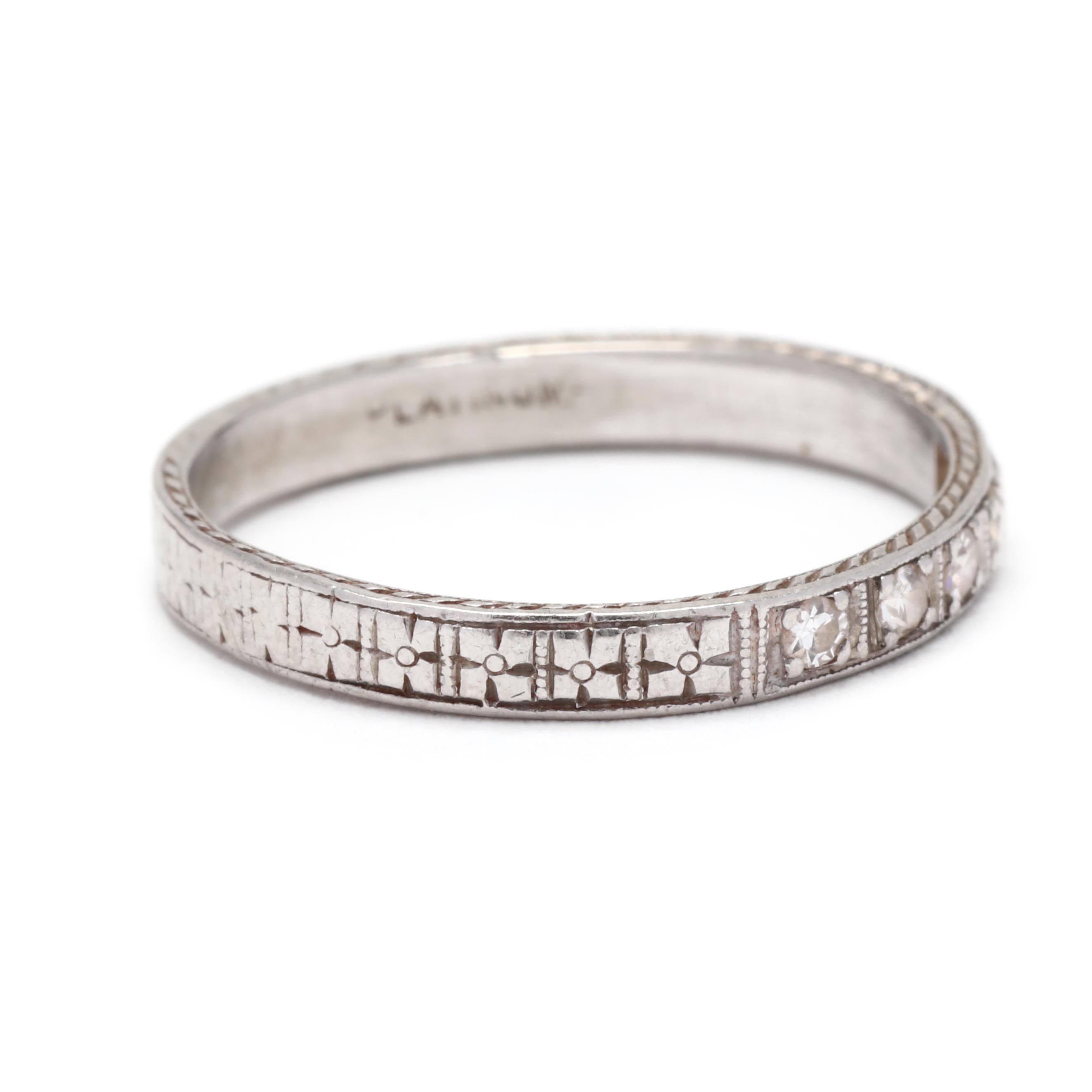 This beautiful Art Deco .08ctw Diamond Engraved Wedding Band is the perfect way to add a touch of sophistication to your wedding day. Crafted in Platinum, this ring features a delicate engraved diamond pattern and a timeless stackable design. With a