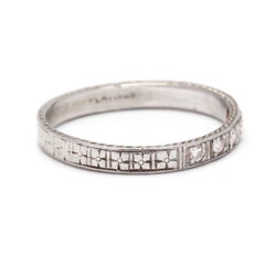 Art Deco .08ctw Diamond Engraved Wedding Band, Platinum, Ring, Stackable