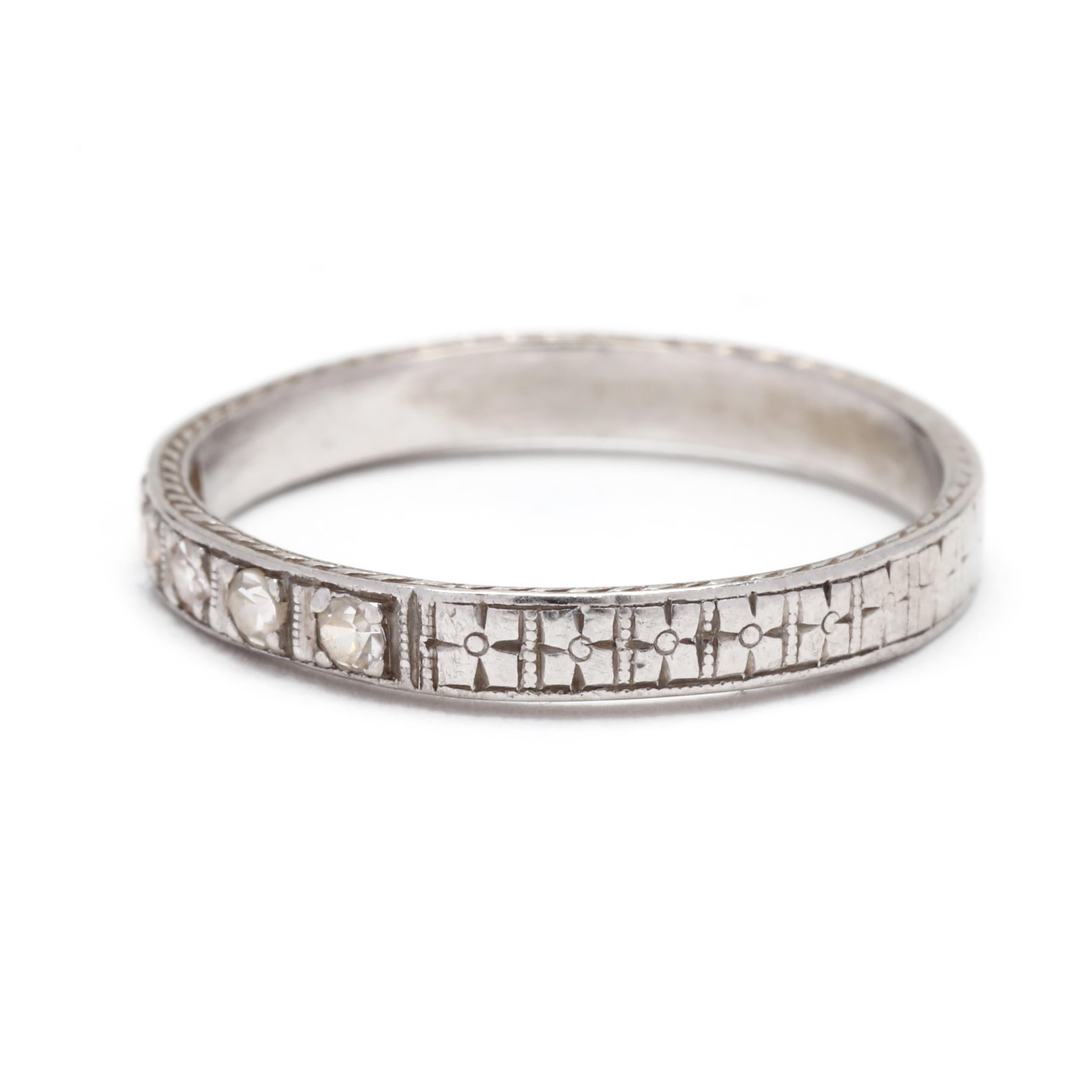 Art Deco .08ctw Diamond Engraved Wedding Band, Platinum, Ring, Stackable  In Good Condition In McLeansville, NC