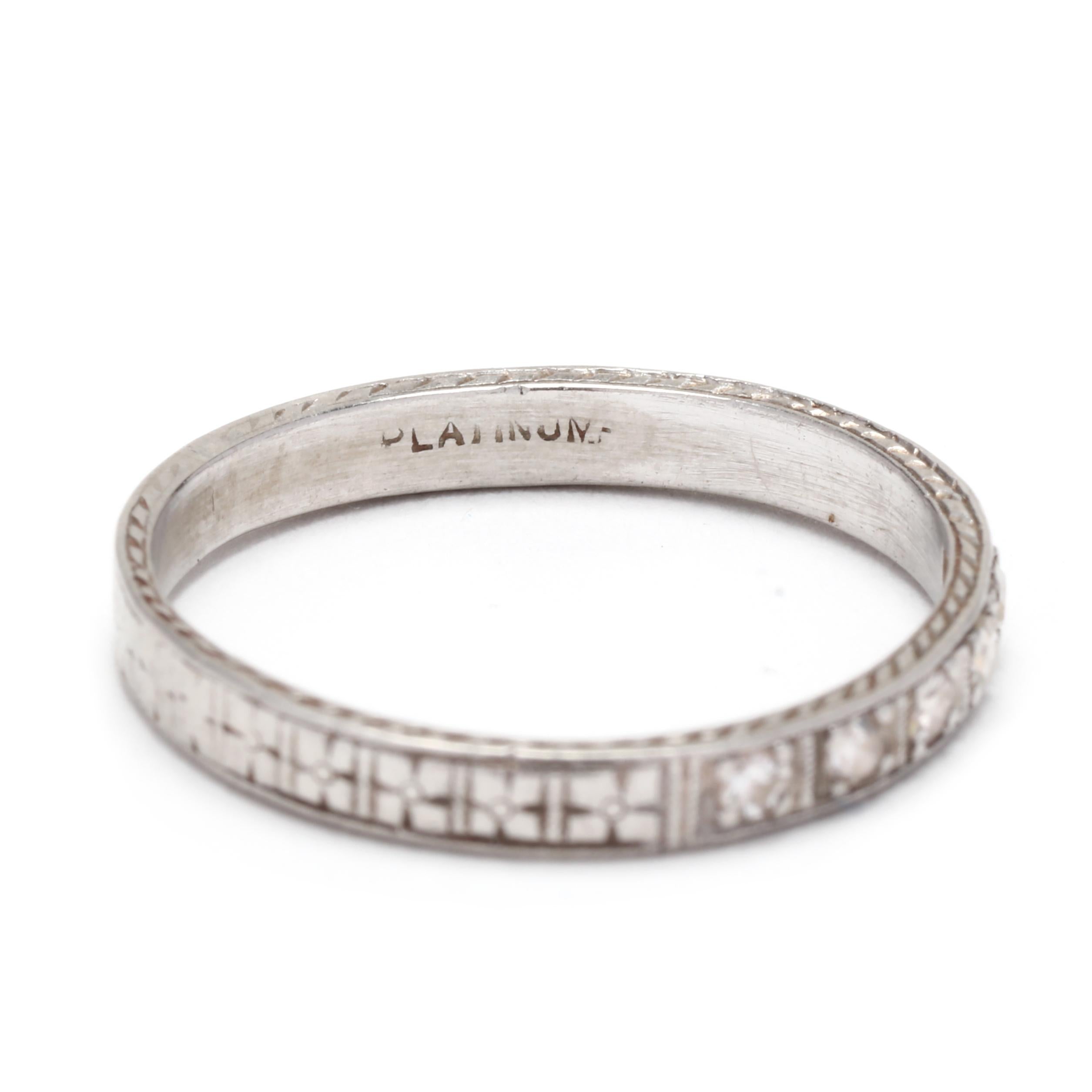 Women's or Men's Art Deco .08ctw Diamond Engraved Wedding Band, Platinum, Ring, Stackable 