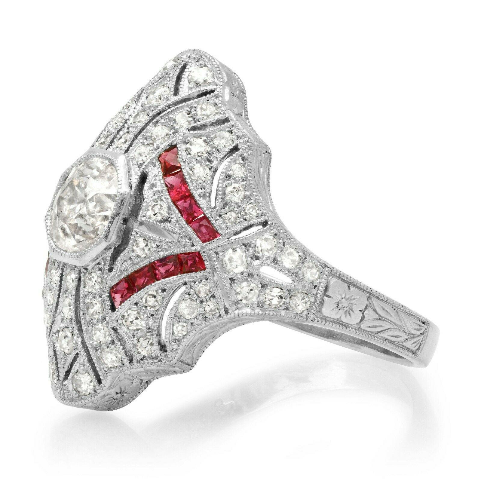 Diamond (1.38 total carat weight) and ruby (0.4 total carat weight) antique inspired cocktail ring in 900 platinum. The ring is designed and handmade locally in Los Angeles by Sage Designs L.A. using earth-mined and conflict free diamonds and