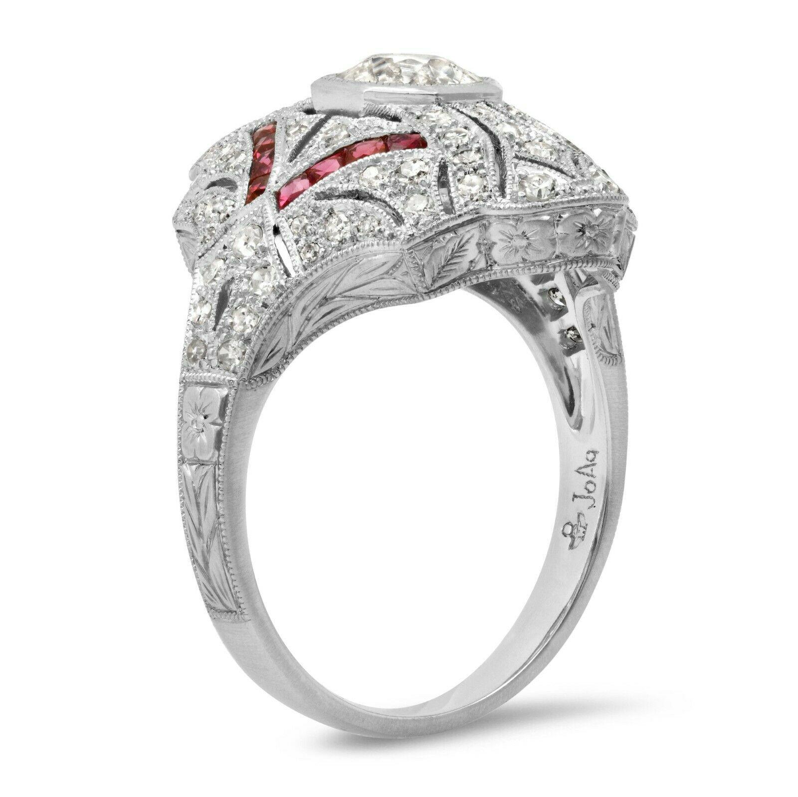 Art Deco Stil 0,9 Karat Diamant Französischer Schliff Rubin 1,78 TCW Platin Verlobungsring (Art déco) im Angebot