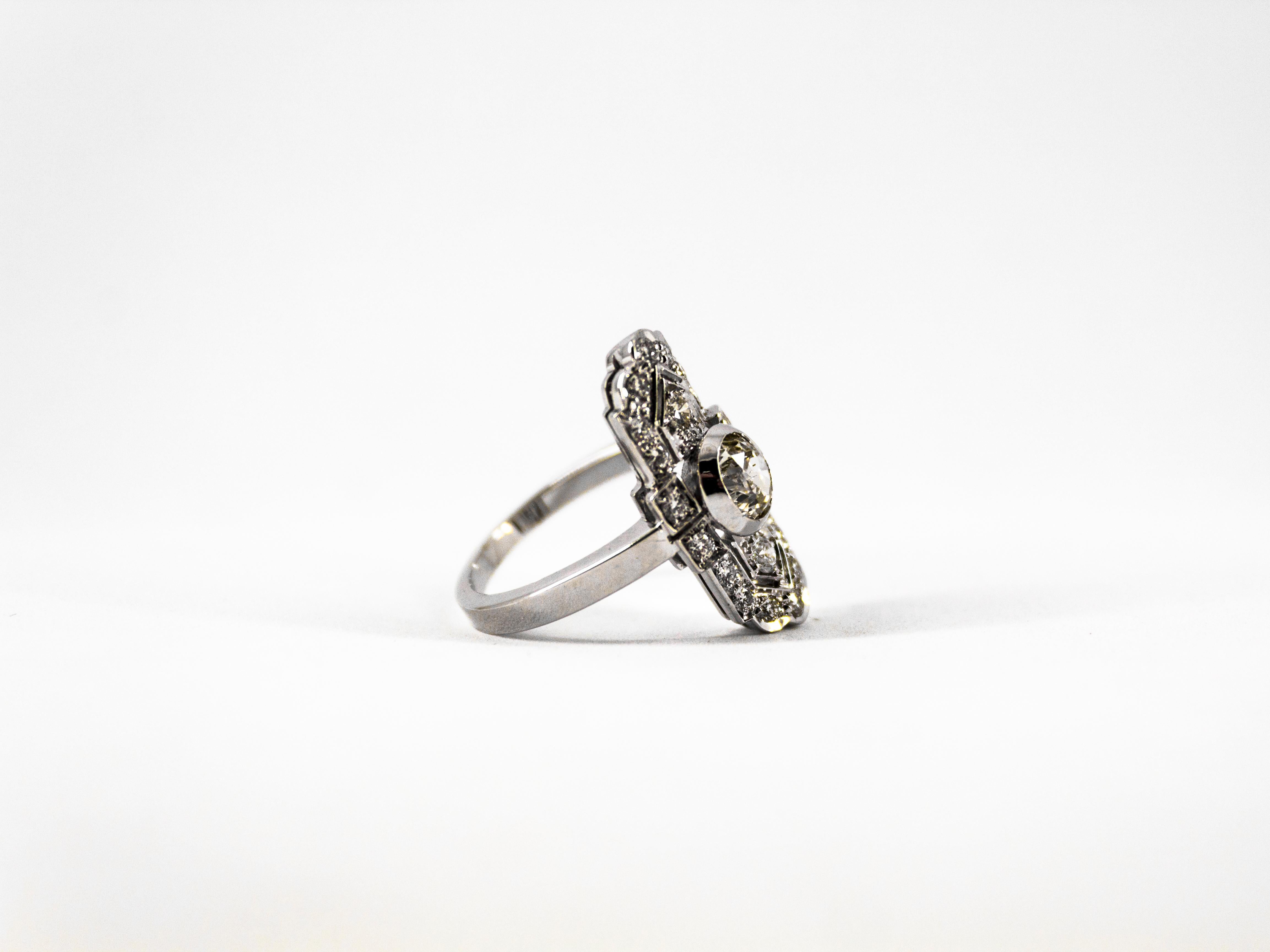 Art Deco Style 0.90 Carat Central Diamond 0.54 Carat Diamond White Gold Ring 8