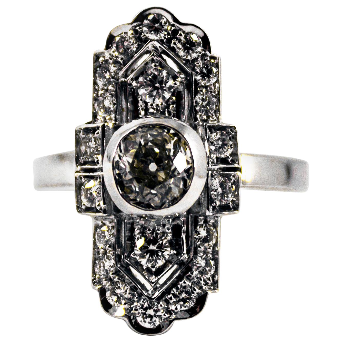 Art Deco Style 0.90 Carat Central Diamond 0.54 Carat Diamond White Gold Ring