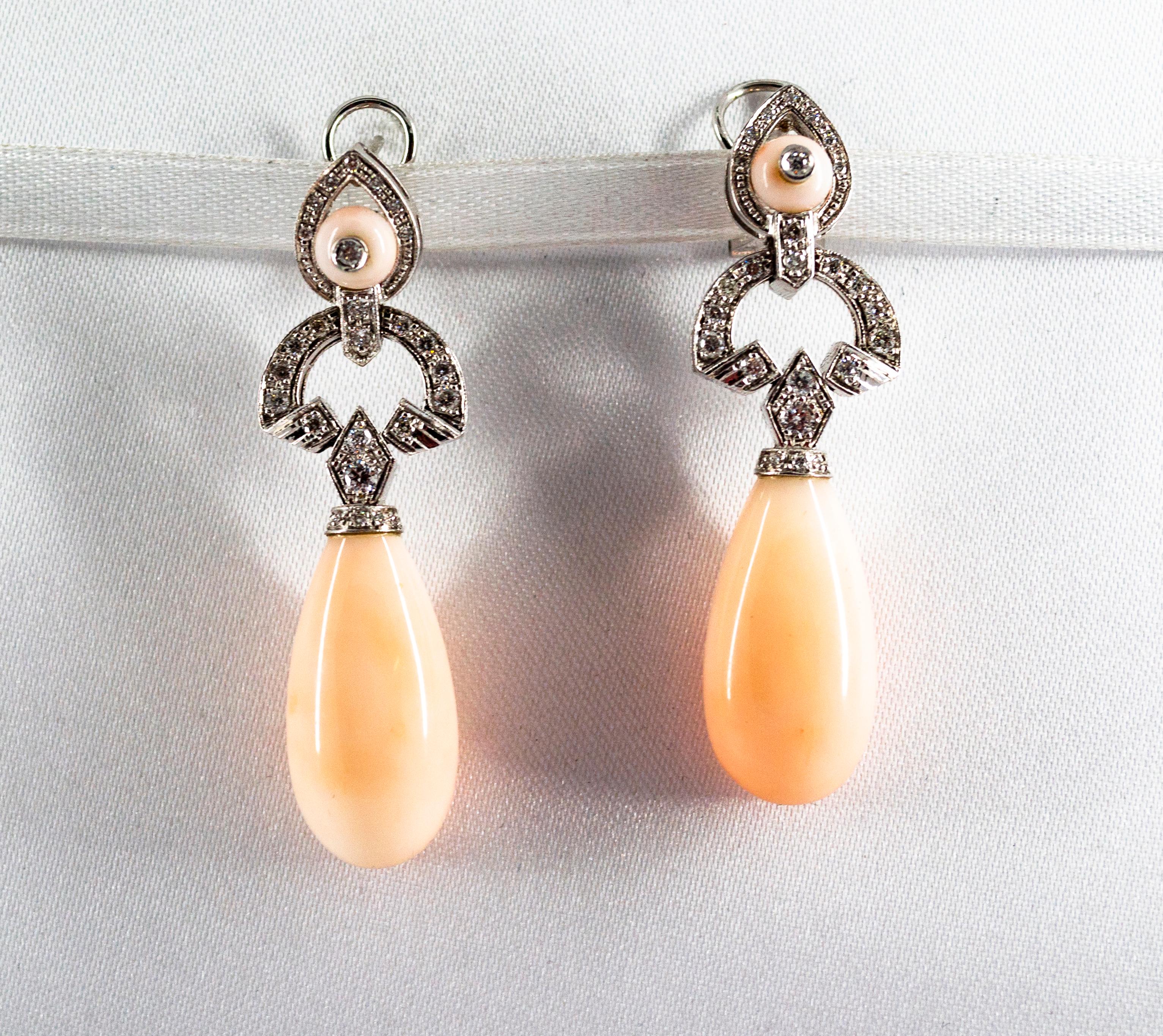 Art Deco Style 0.90 Carat White Diamond Pink Coral White Gold Clip-On Earrings For Sale 2